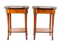 A Pair of Louis XV/XVI Transitional Style Parquetry Marble-Top Side Tables