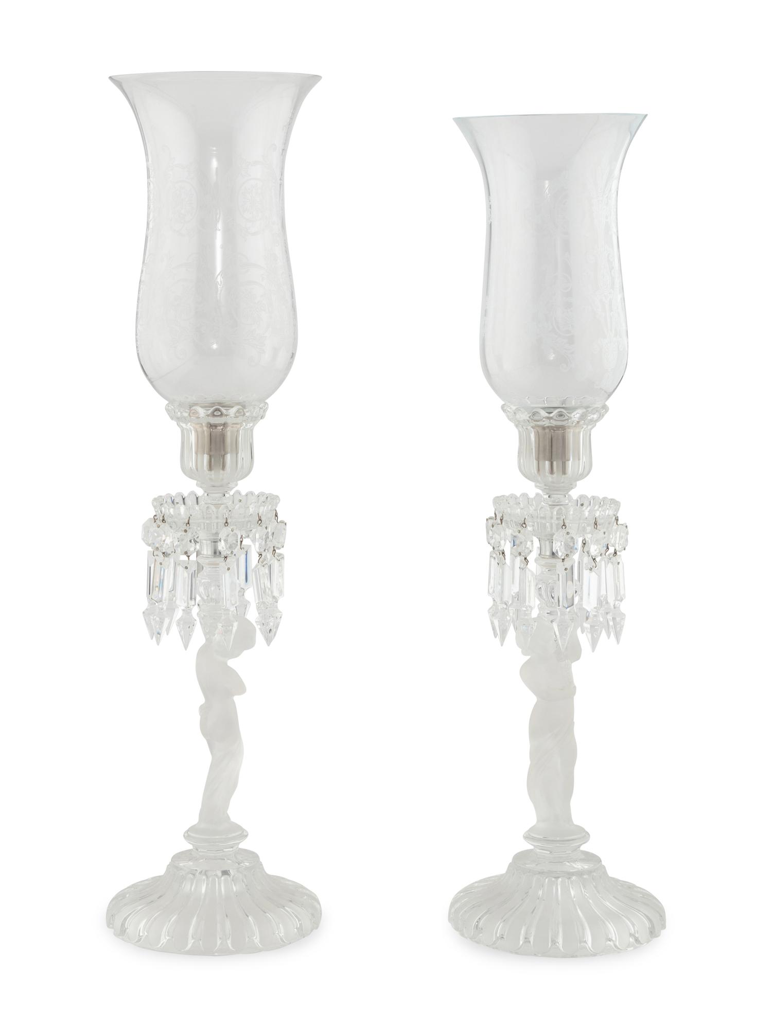 A Pair of Figural Molded Glass Hurricane Lamps