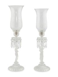 A Pair of Figural Molded Glass Hurricane Lamps