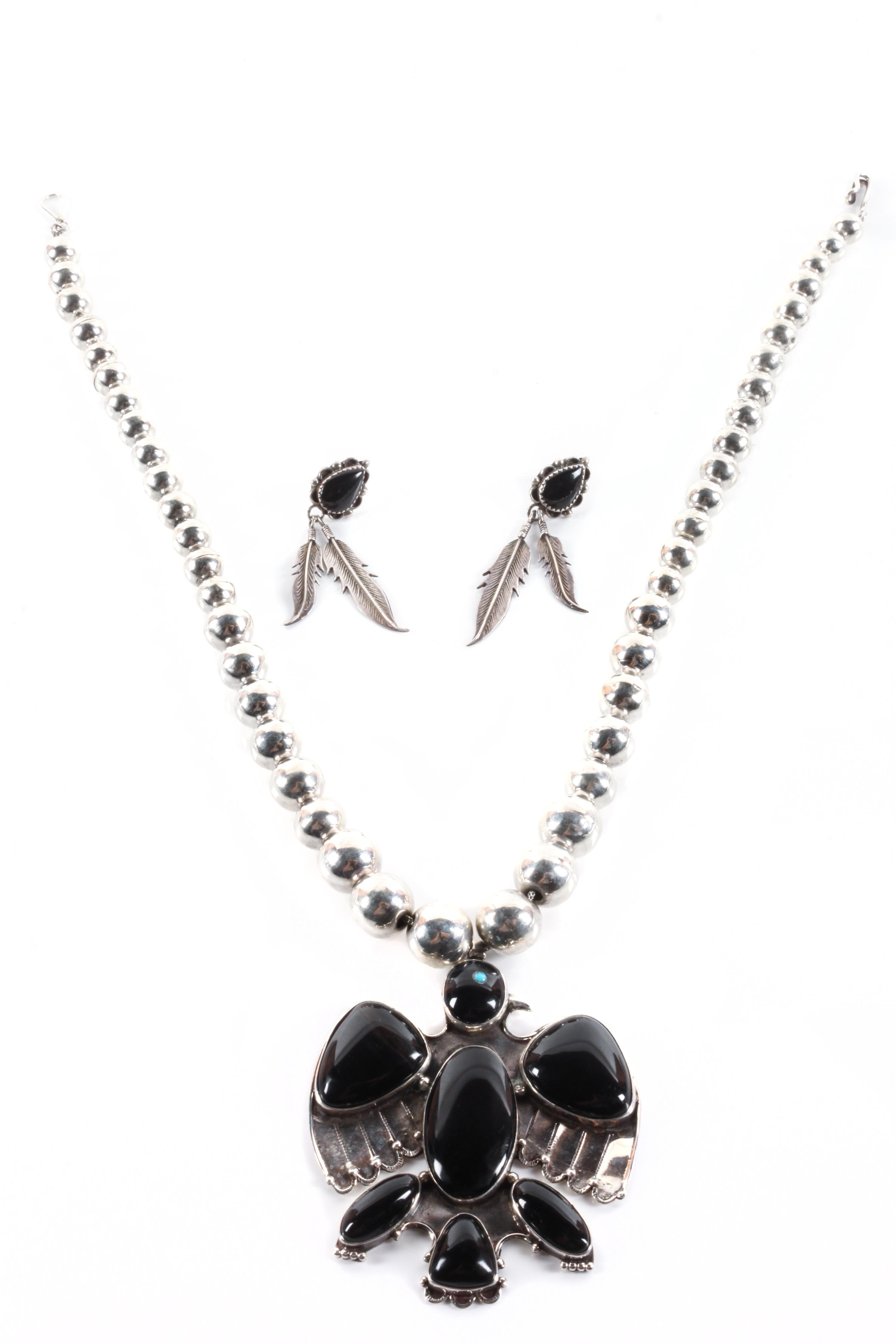 Southwest Style Silver and Onyx Pendant Height of pendant 3 inches