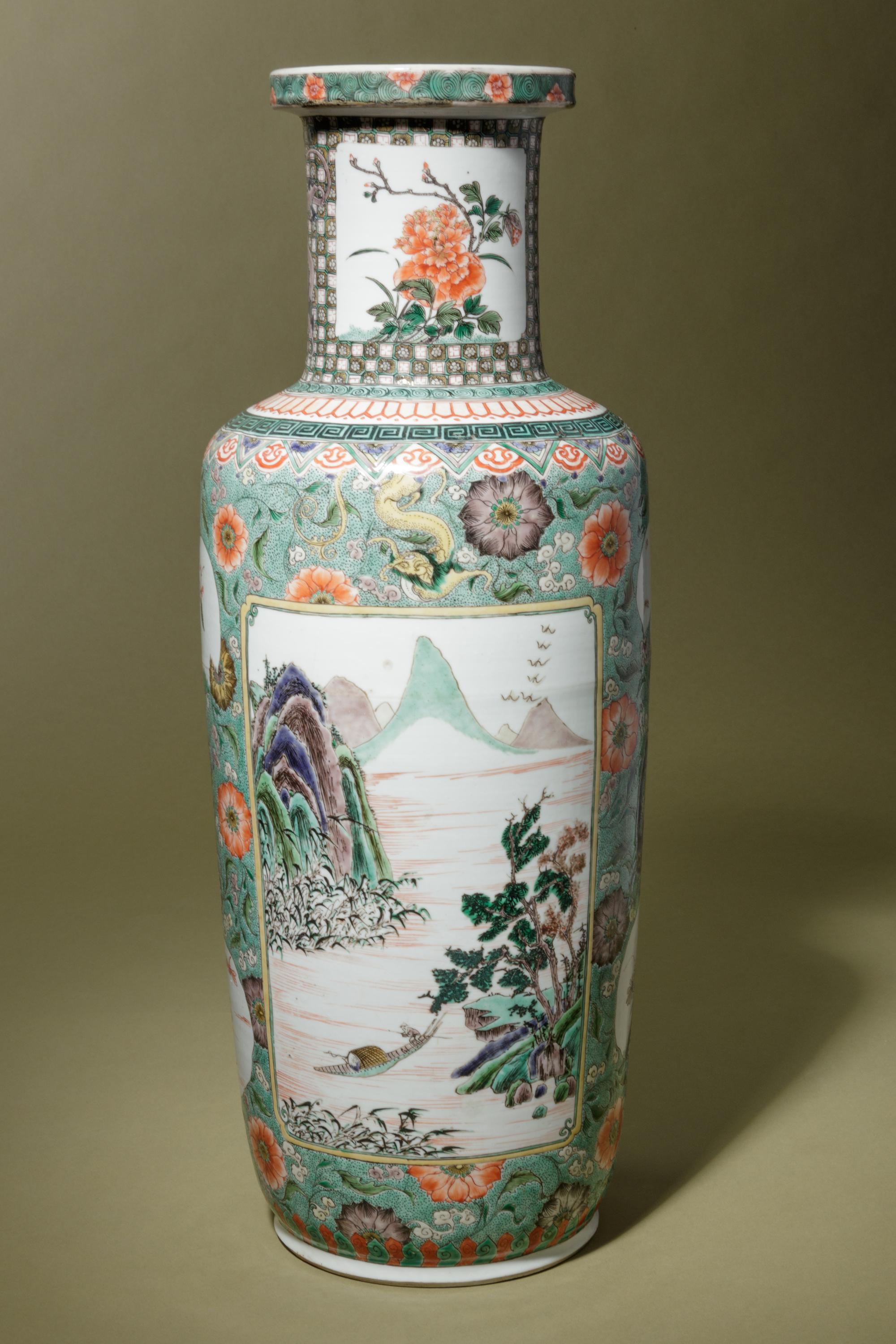 A Famille Verte Porcelain Rouleau Vase