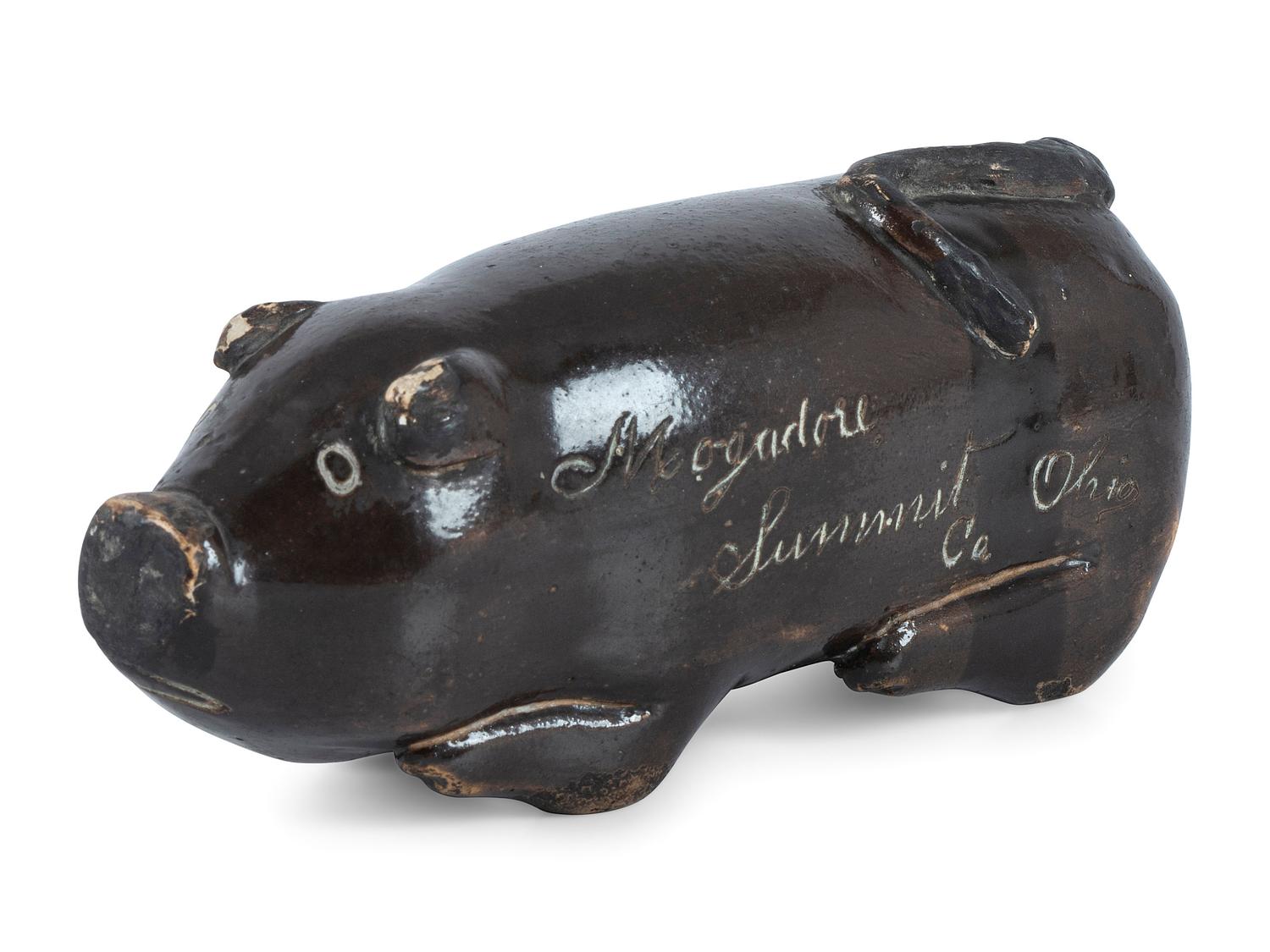 A Rare Mogadore, Ohio Inscribed Stoneware Pig Flask