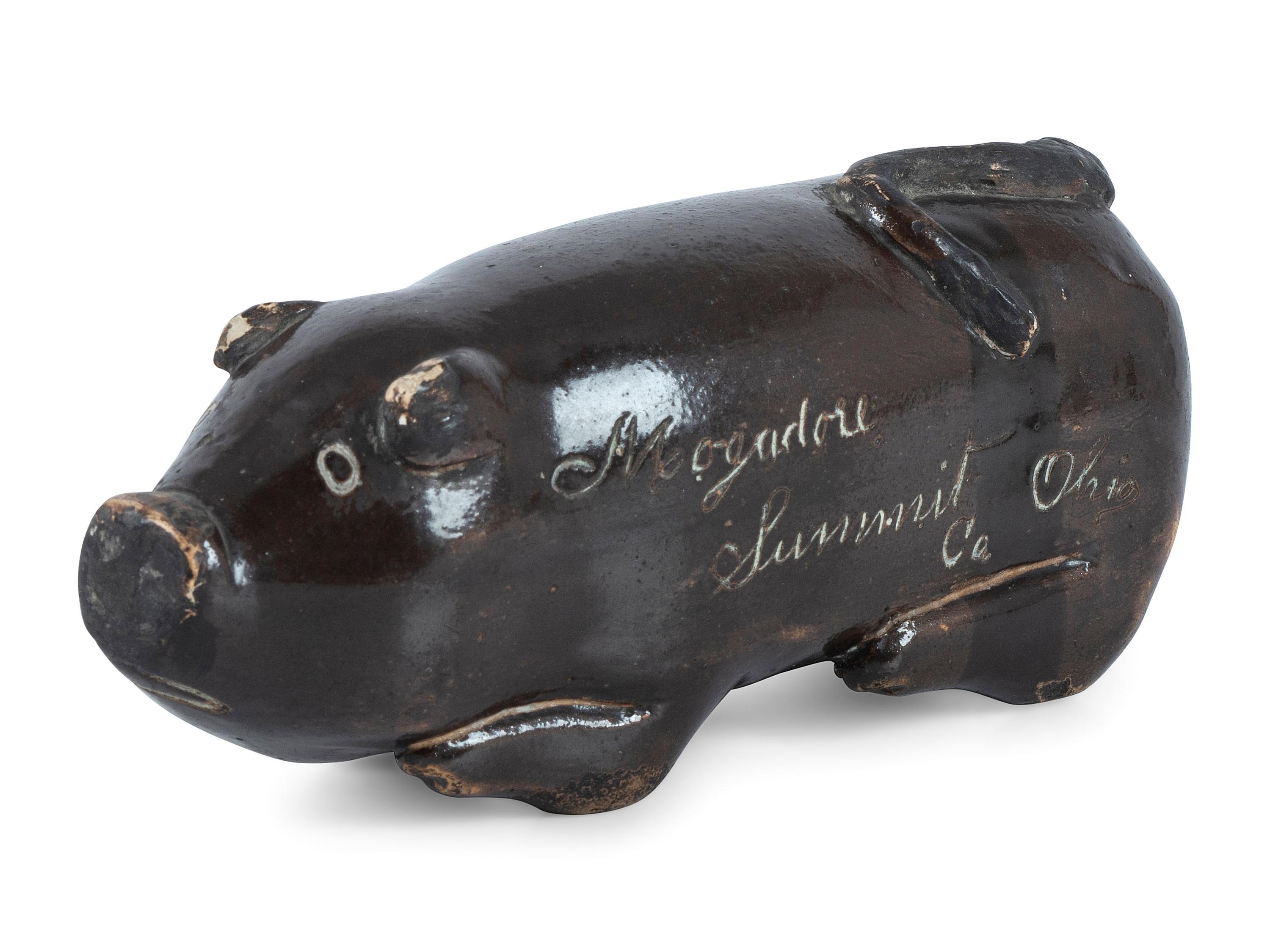A Rare Mogadore, Ohio Inscribed Stoneware Pig Flask