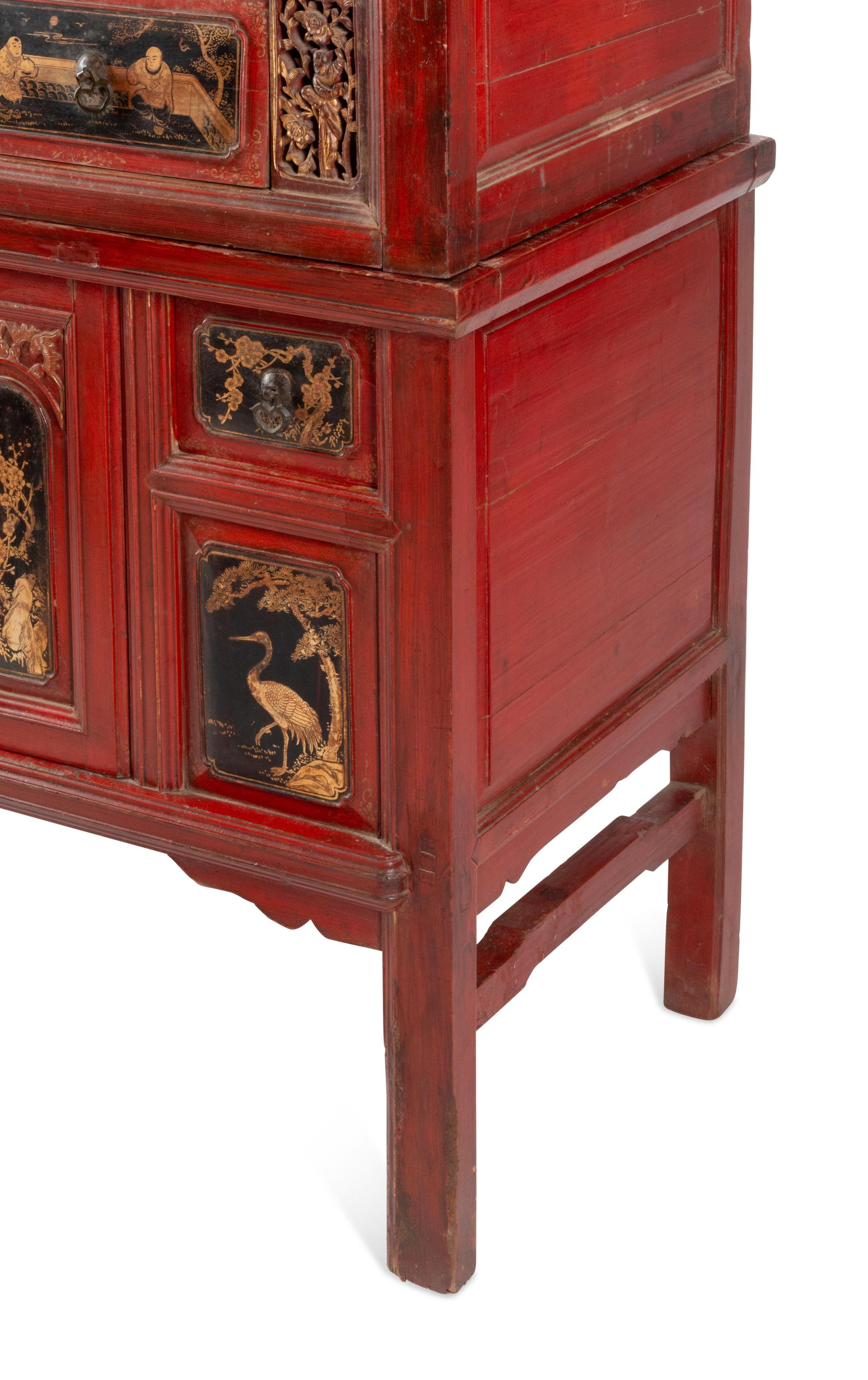 A Chinese Red Lacquer and Parcel Gilt Two-Part Cabinet