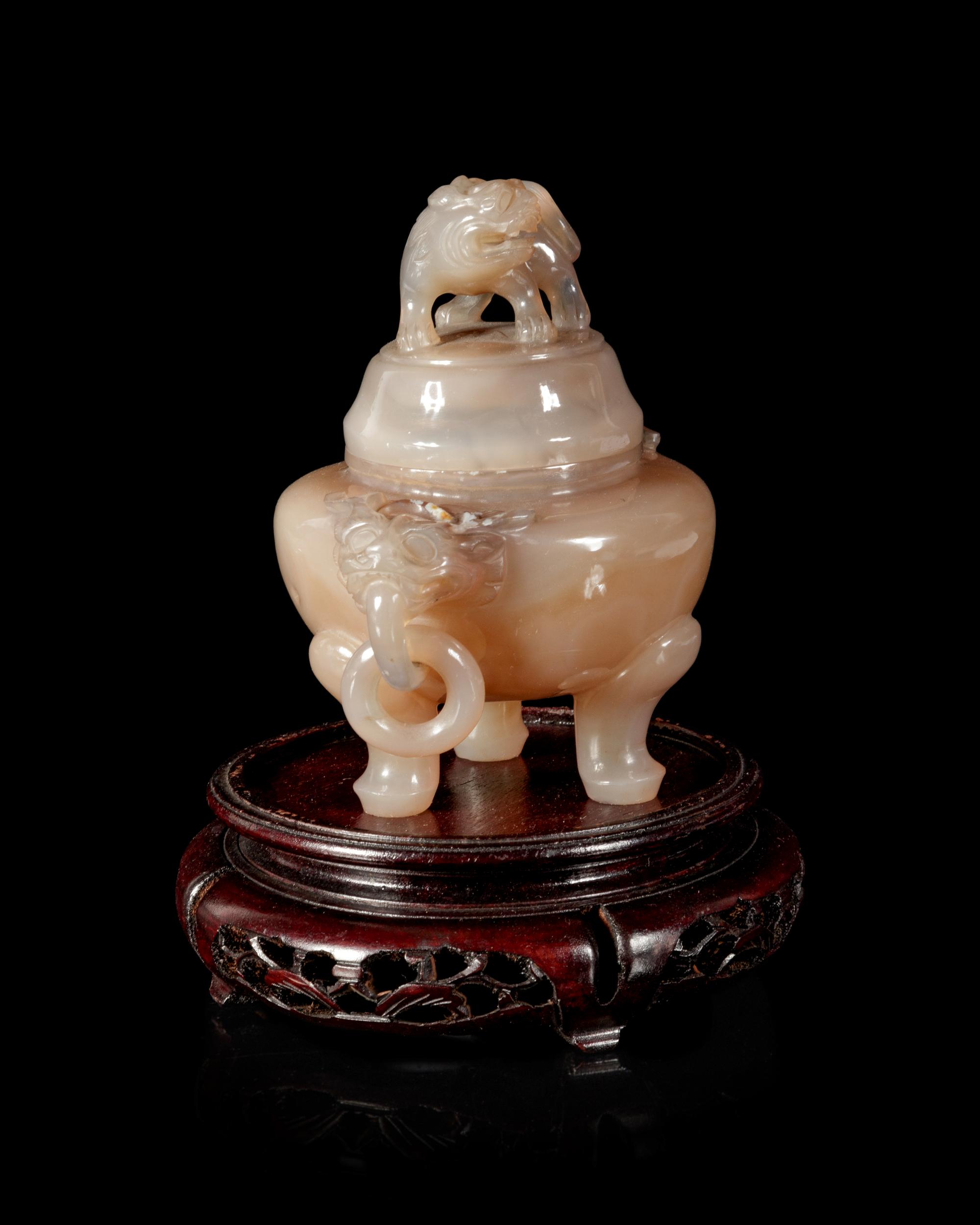 A Chinese Carved Agate Tripod Censer
