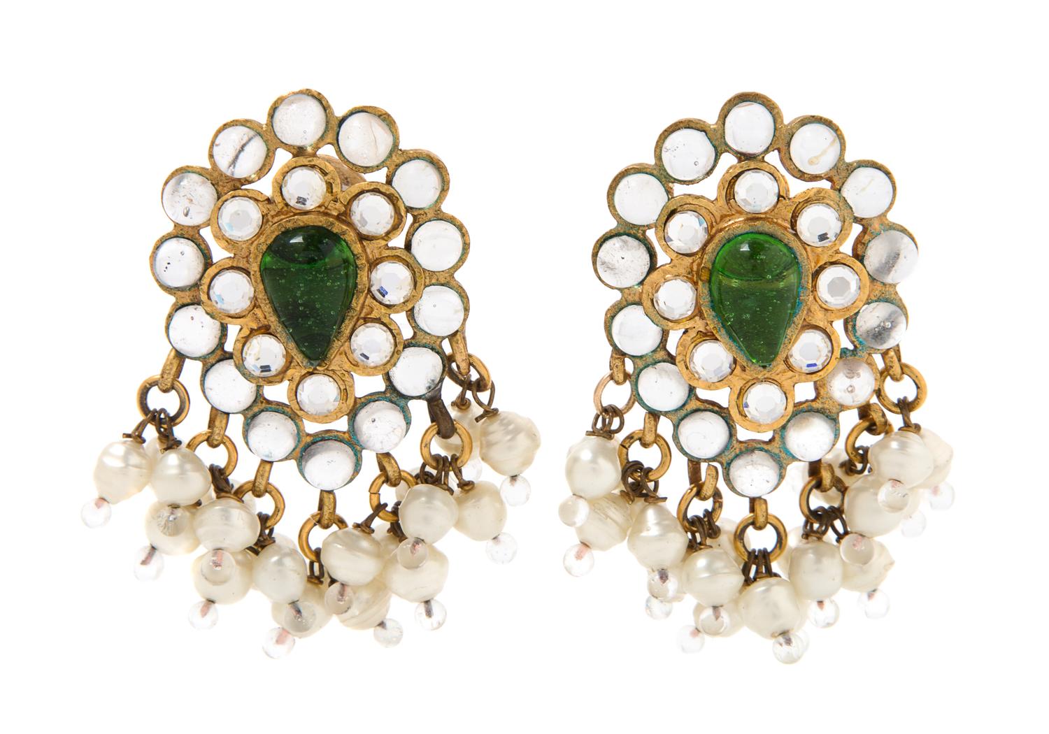 A Pair of Chanel Green Gripoix and Pearl Earclips, 2" x 1.5".