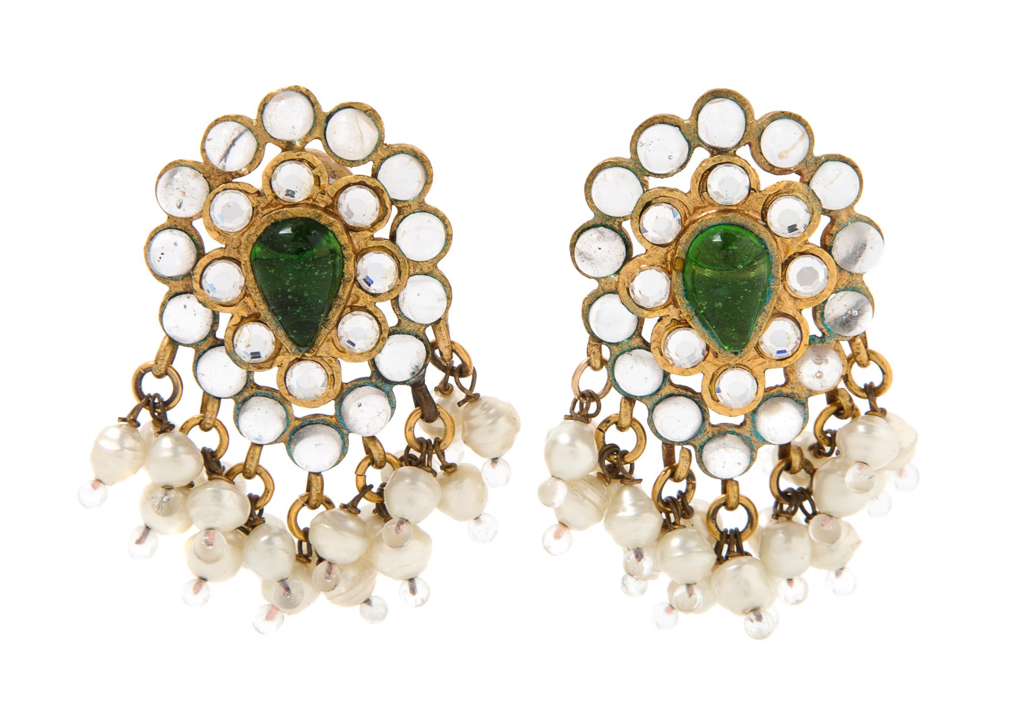 A Pair of Chanel Green Gripoix and Pearl Earclips, 2" x 1.5".