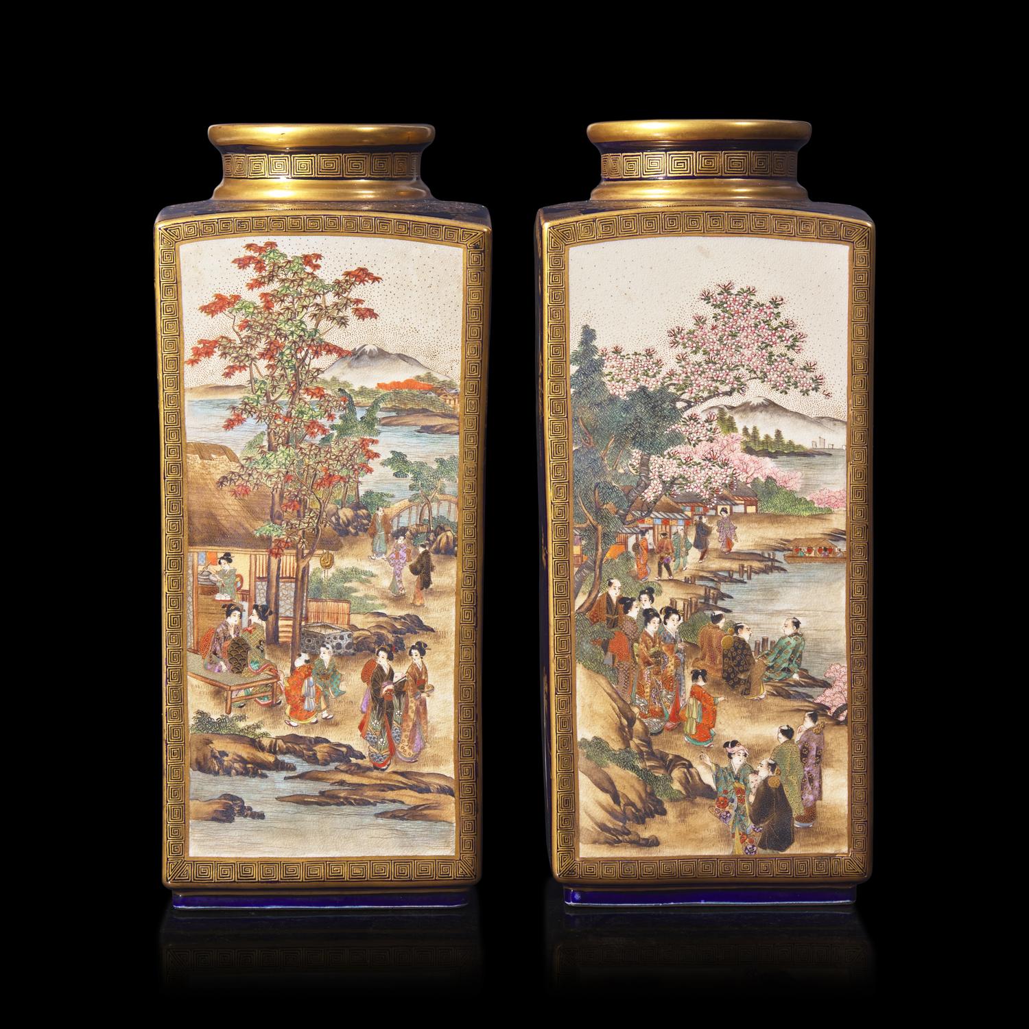 A Pair of Japanese Satsuma Vases, Signed Kizan, Meiji Period 本 明治時代 日岐山造款薩摩燒方瓶一對