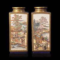 A Pair of Japanese Satsuma Vases, Signed Kizan, Meiji Period 本 明治時代 日岐山造款薩摩燒方瓶一對