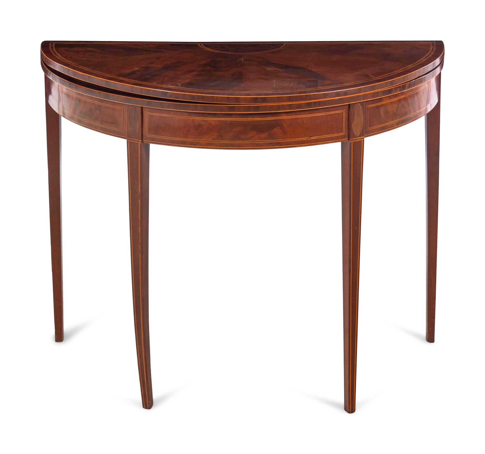 A Federal Inlaid and Figured Mahogany Demilune Game Table