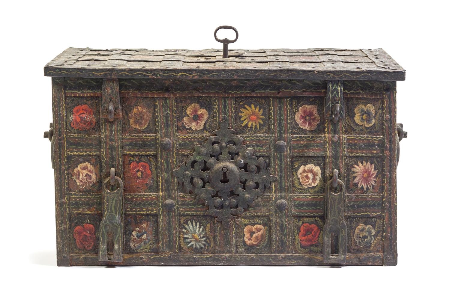 A Continental Polychrome Decorated Iron Strong Box Height 19 1/2 x width 34 3/4 x depth 19 7/8 inches. — 17TH/18TH CENTURY