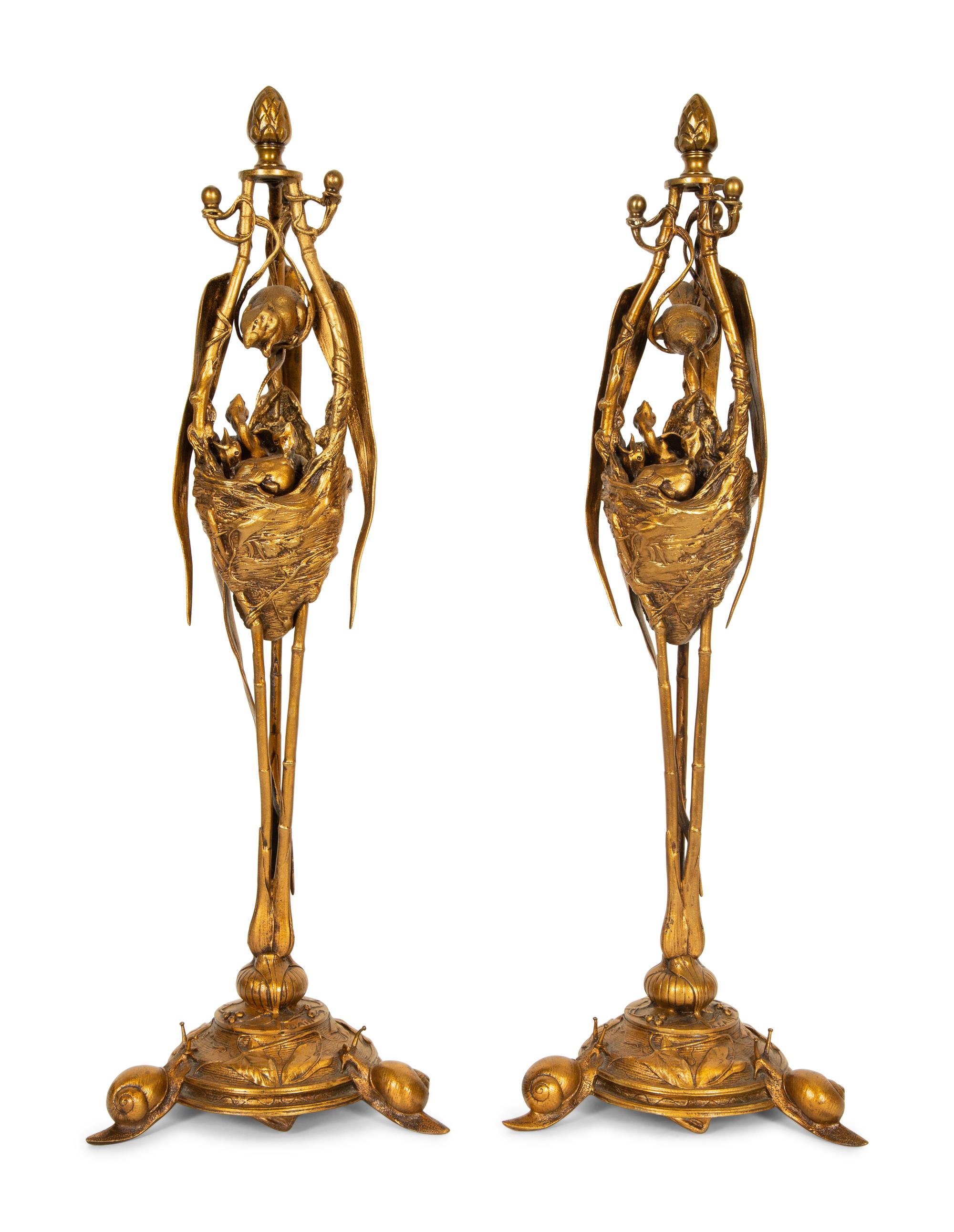 A Pair of French Gilt Metal Animalier Sculptures after Auguste Nicolas Caïn