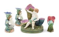 An Assembled Three-Piece Majolica Centerpiece Garniture Height of tallest 7 1/4 inches. — 19TH CENTURY AND LATER