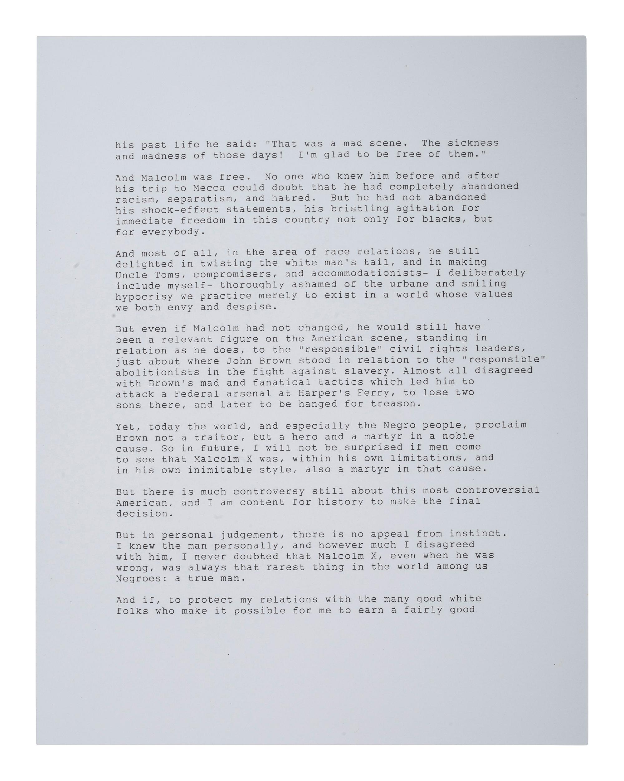 [CIVIL RIGHTS]. DAVIS, Ossie (1917-2005). Typed document signed in ink ("Ossie Davis"), in response to a magazine editor's question asking why he eulogized Malcolm X.