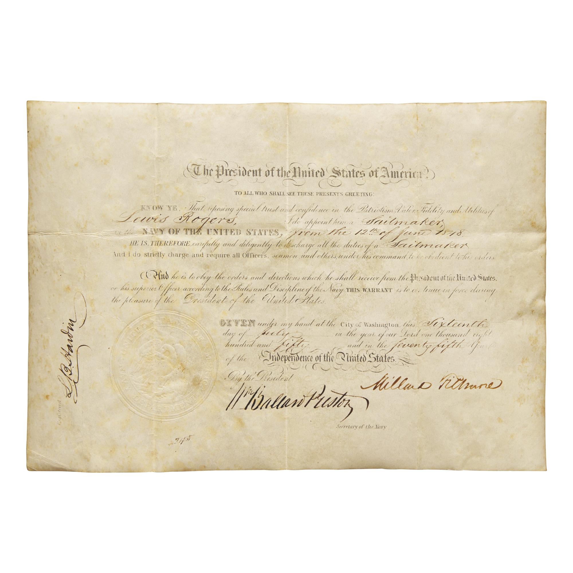 [Presidential] Fillmore, Millard. Partially Printed Document, signed