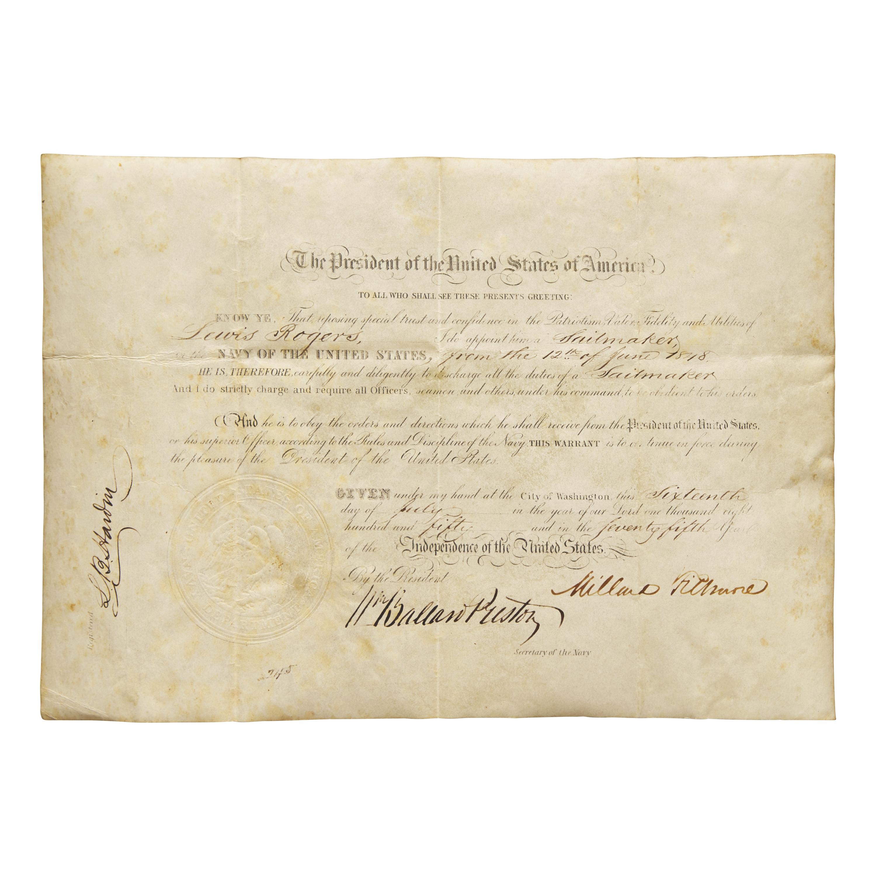 [Presidential] Fillmore, Millard. Partially Printed Document, signed