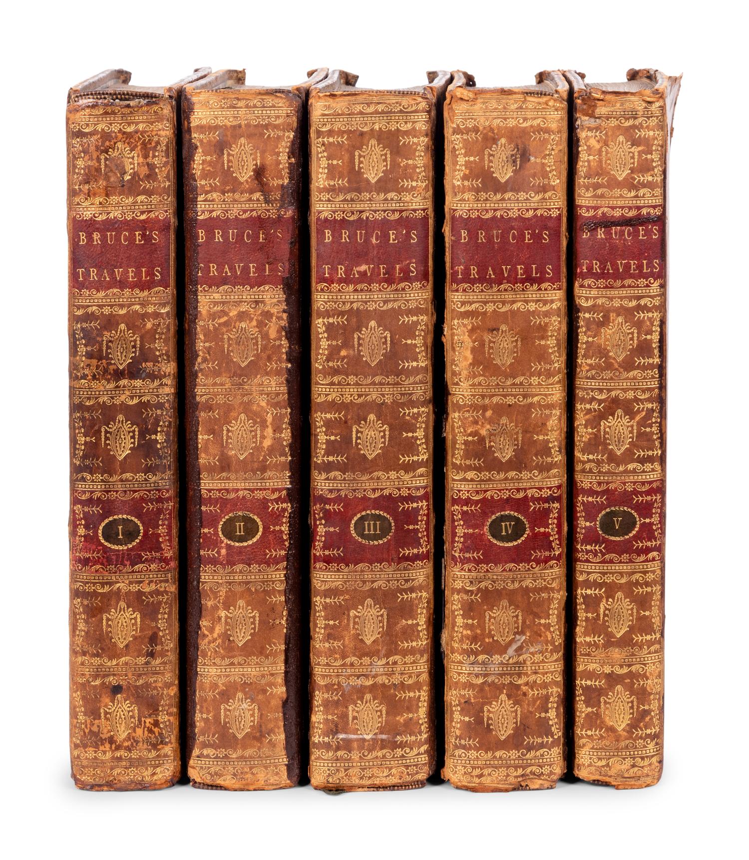 [TRAVEL & EXPLORATION]. -- BRUCE, James (1730-1794). -- Travels To Discover The Source of the Nile, In the Years 1768… 1773. Vol. I-IV. -- Select Specimens of Natural History, Collected in Travels to Discover the Source of the Nile, in Egypt, Arabia, Abyssinia, and Nubia . Vol. V. -- Edinburgh: G.G.J. and J. Robinson, 1790.