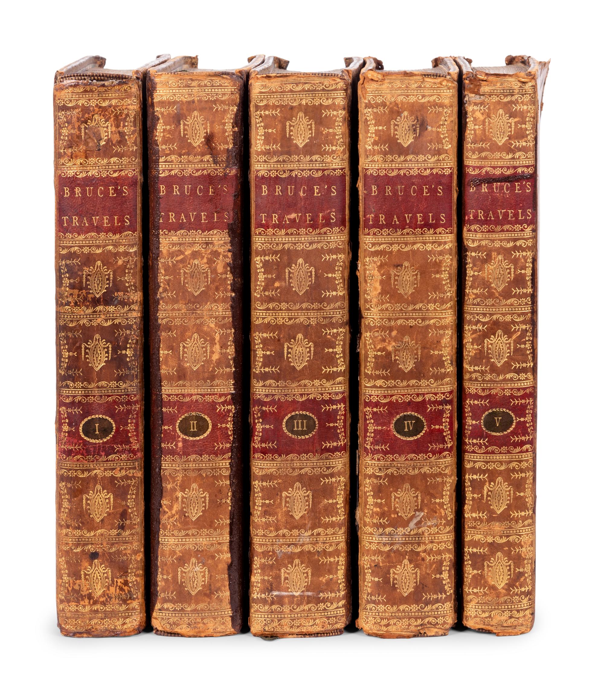 [TRAVEL & EXPLORATION]. -- BRUCE, James (1730-1794). -- Travels To Discover The Source of the Nile, In the Years 1768… 1773. Vol. I-IV. -- Select Specimens of Natural History, Collected in Travels to Discover the Source of the Nile, in Egypt, Arabia, Abyssinia, and Nubia . Vol. V. -- Edinburgh: G.G.J. and J. Robinson, 1790.