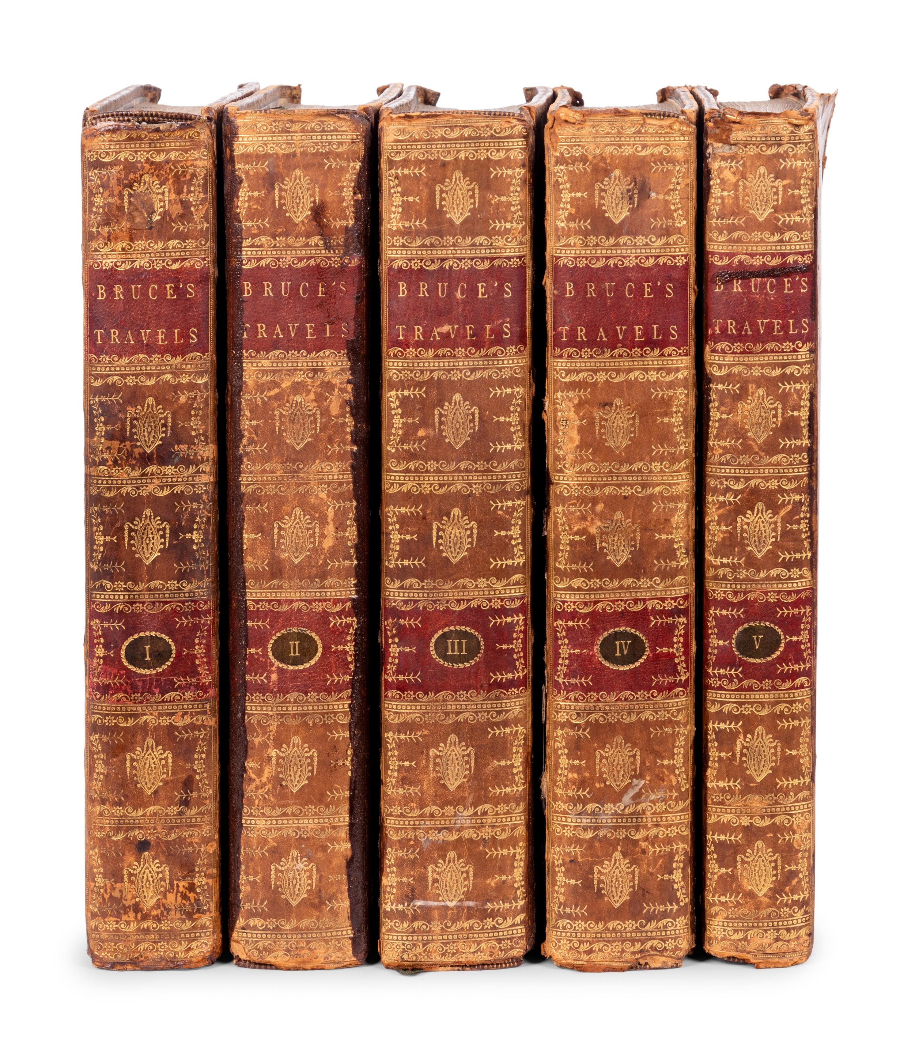 [TRAVEL & EXPLORATION]. -- BRUCE, James (1730-1794). -- Travels To Discover The Source of the Nile, In the Years 1768… 1773. Vol. I-IV. -- Select Specimens of Natural History, Collected in Travels to Discover the Source of the Nile, in Egypt, Arabia, Abyssinia, and Nubia . Vol. V. -- Edinburgh: G.G.J. and J. Robinson, 1790.