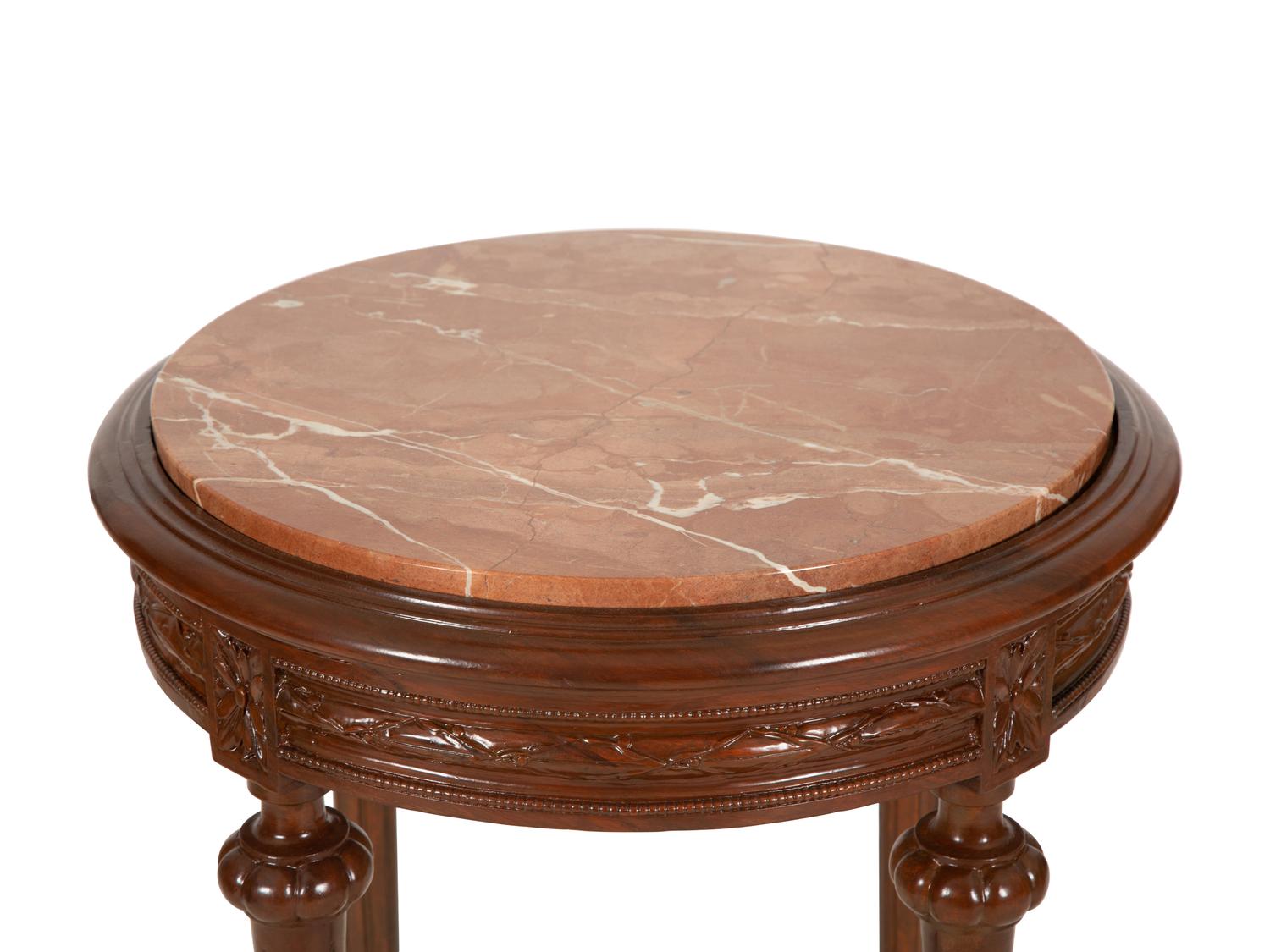 Two Louis XVI Style Carved Walnut Side Tables with Inset Marble Tops