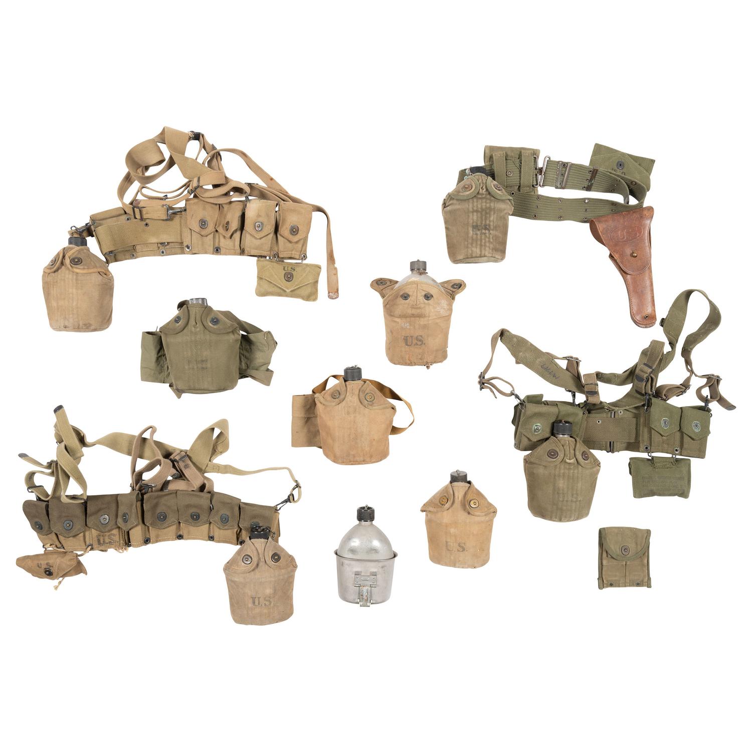 Group of WWII Mills Belts and Canteens
