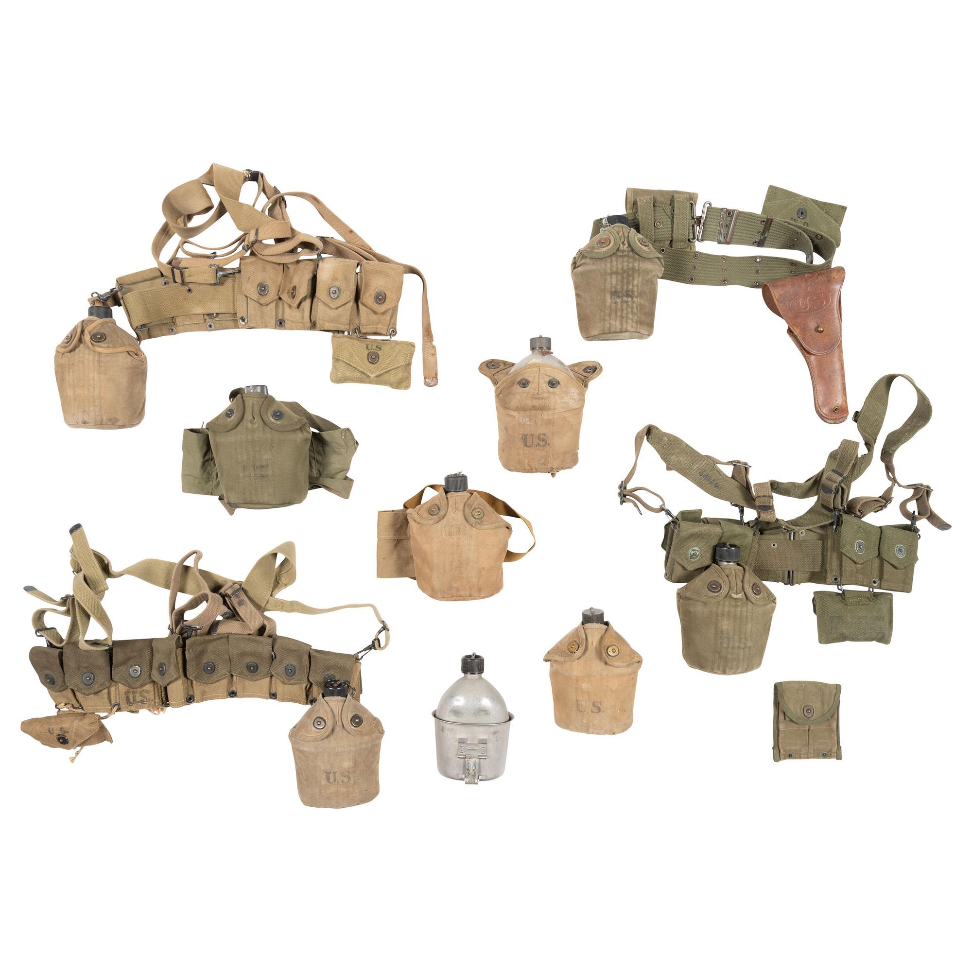 Group of WWII Mills Belts and Canteens