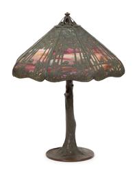 A Handel Bronze and Slag Glass Palm Tree and Sunset Table Lamp