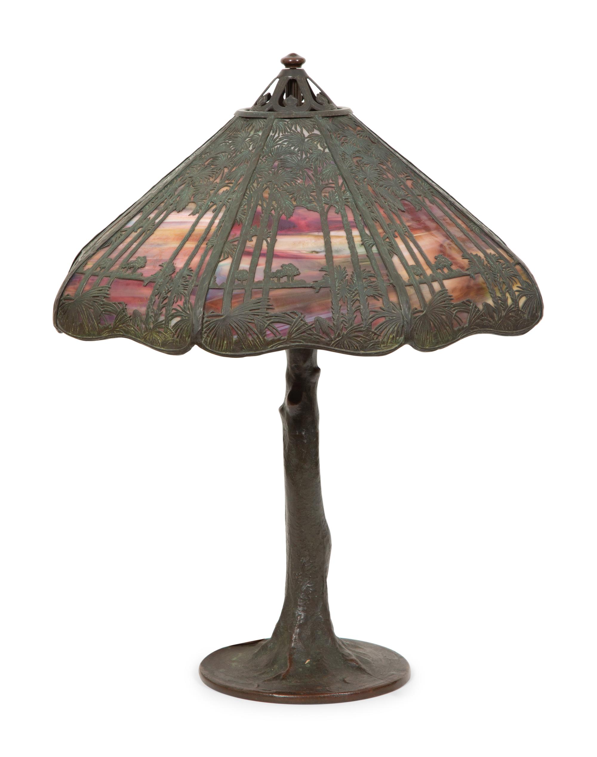A Handel Bronze and Slag Glass Palm Tree and Sunset Table Lamp