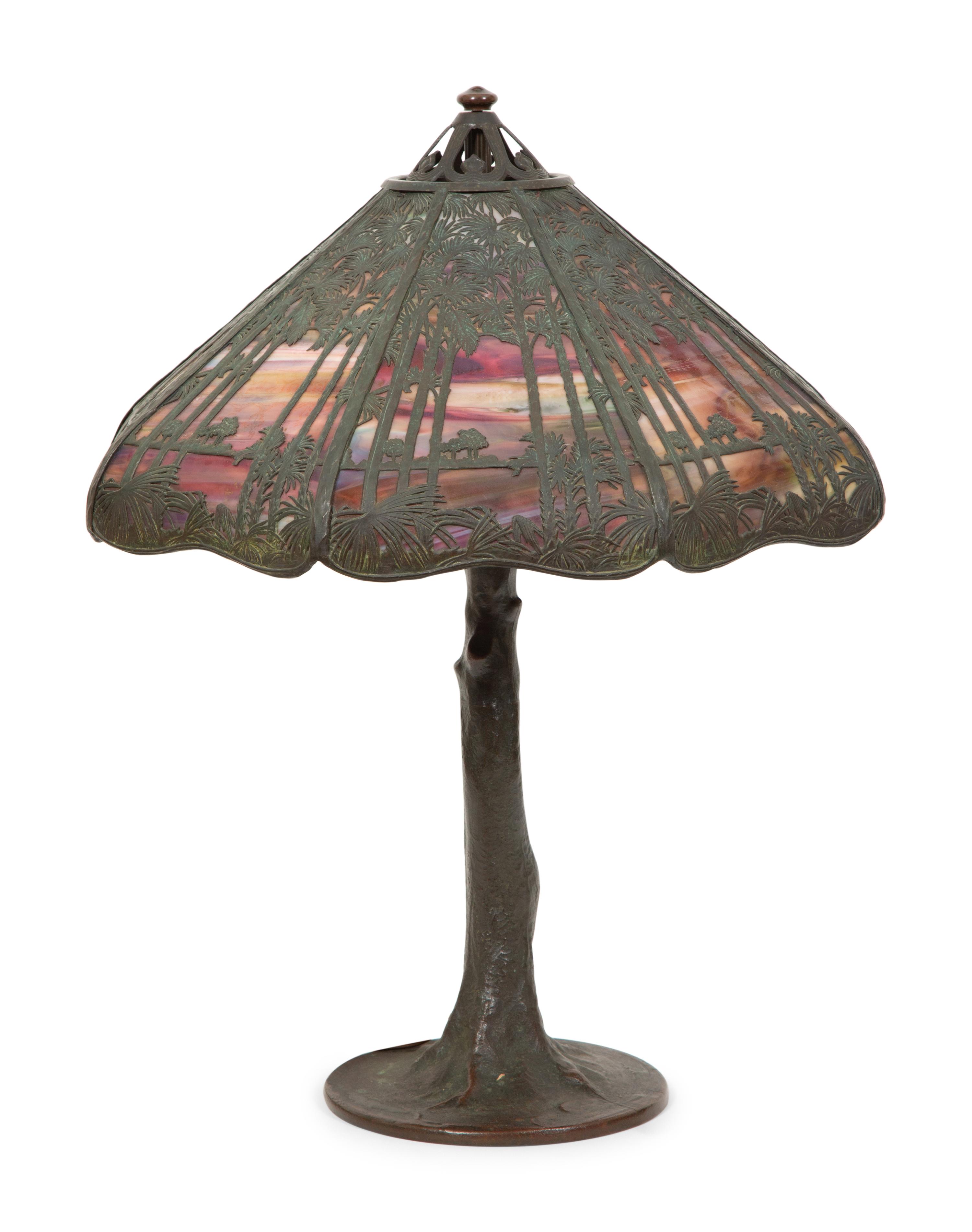 A Handel Bronze and Slag Glass Palm Tree and Sunset Table Lamp