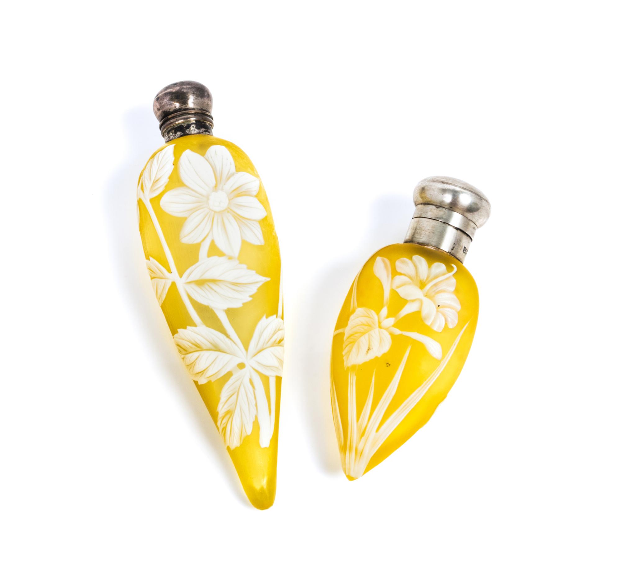 English, 19TH/20TH CENTURY, two silver mounted cameo glass perfume bottles, each of tapering form with floral decoration