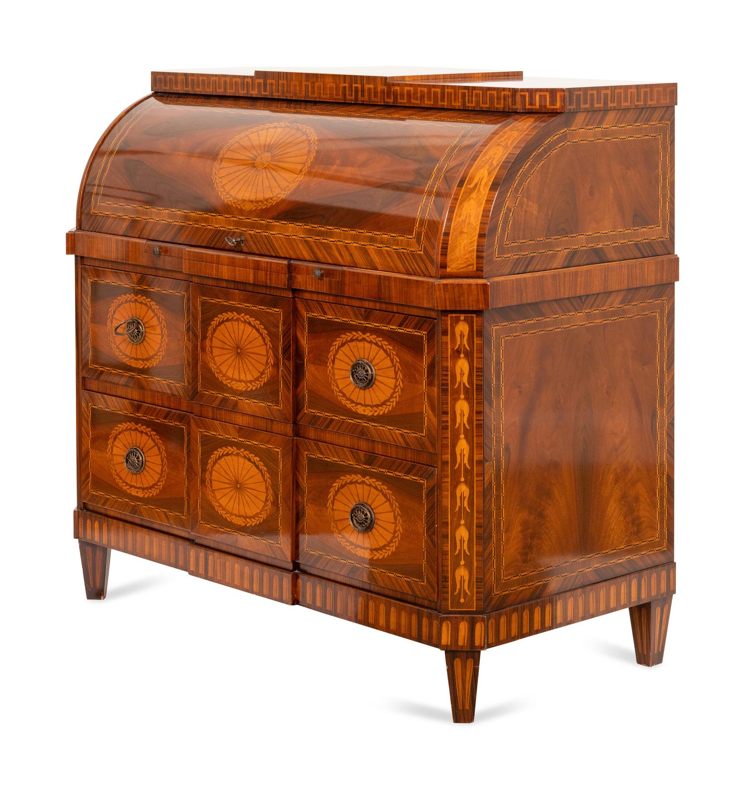 An Italian Louis XVI Style Marquetry Cylinder Bureau