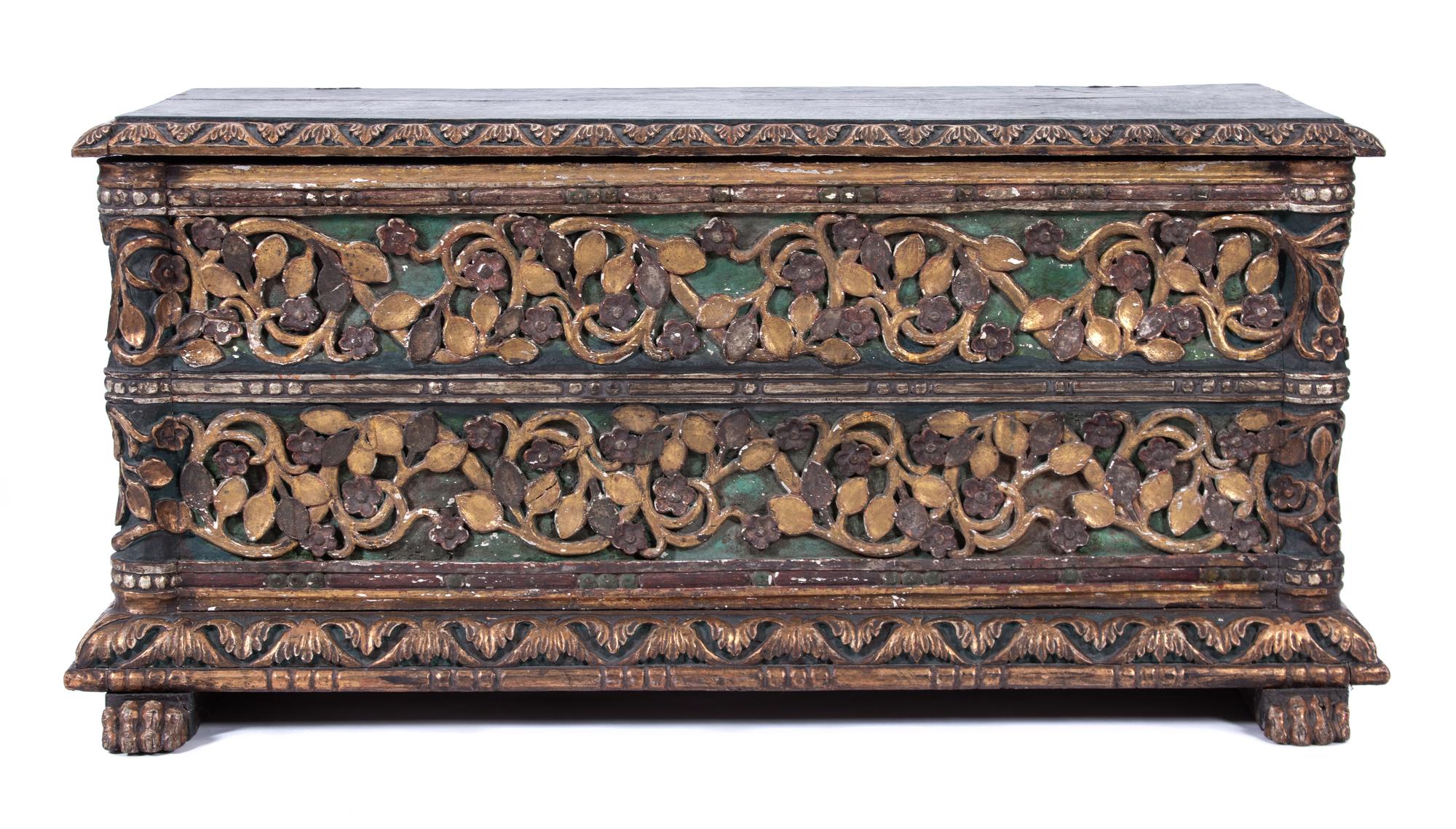An Italian Baroque Style Painted and Partial Gilt Cassone Height 24 x width 51 x depth 24 inches. — 18TH/19TH CENTURY