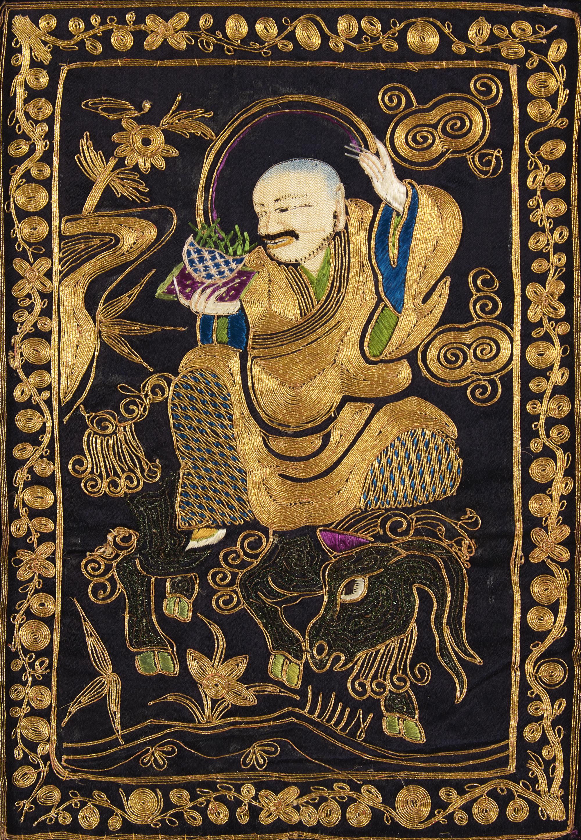 A Set of Four Chinese "Luohan" Needlework Panels, Guangxu Period 清光緒 金絲繡羅漢圖一組四件