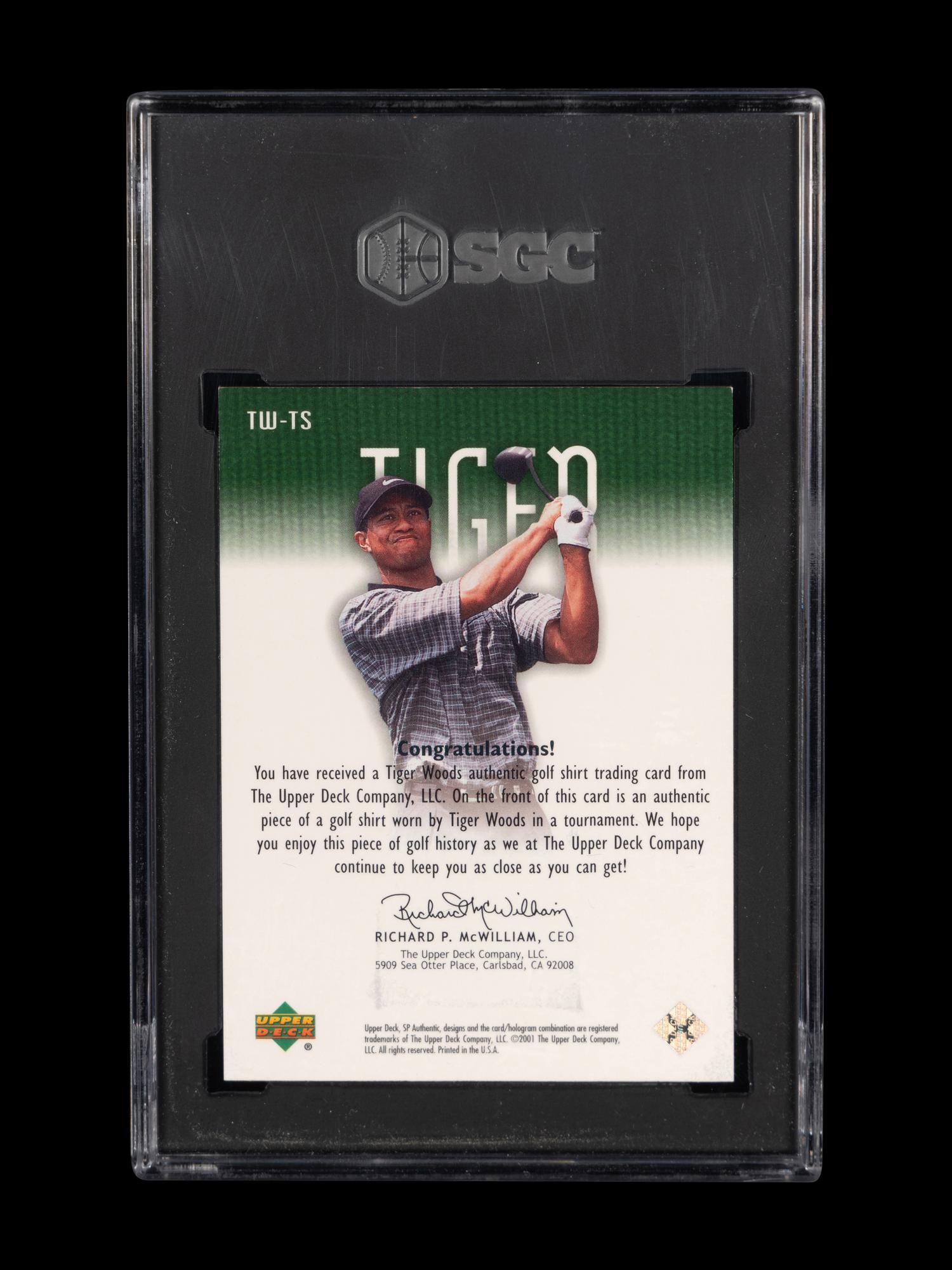 A 2001 Upper Deck SP Authentic Tiger Woods Tour Swatch TW-TS Green 402/500 Rookie Golf Card (SGC 8.5 NM-MT+)