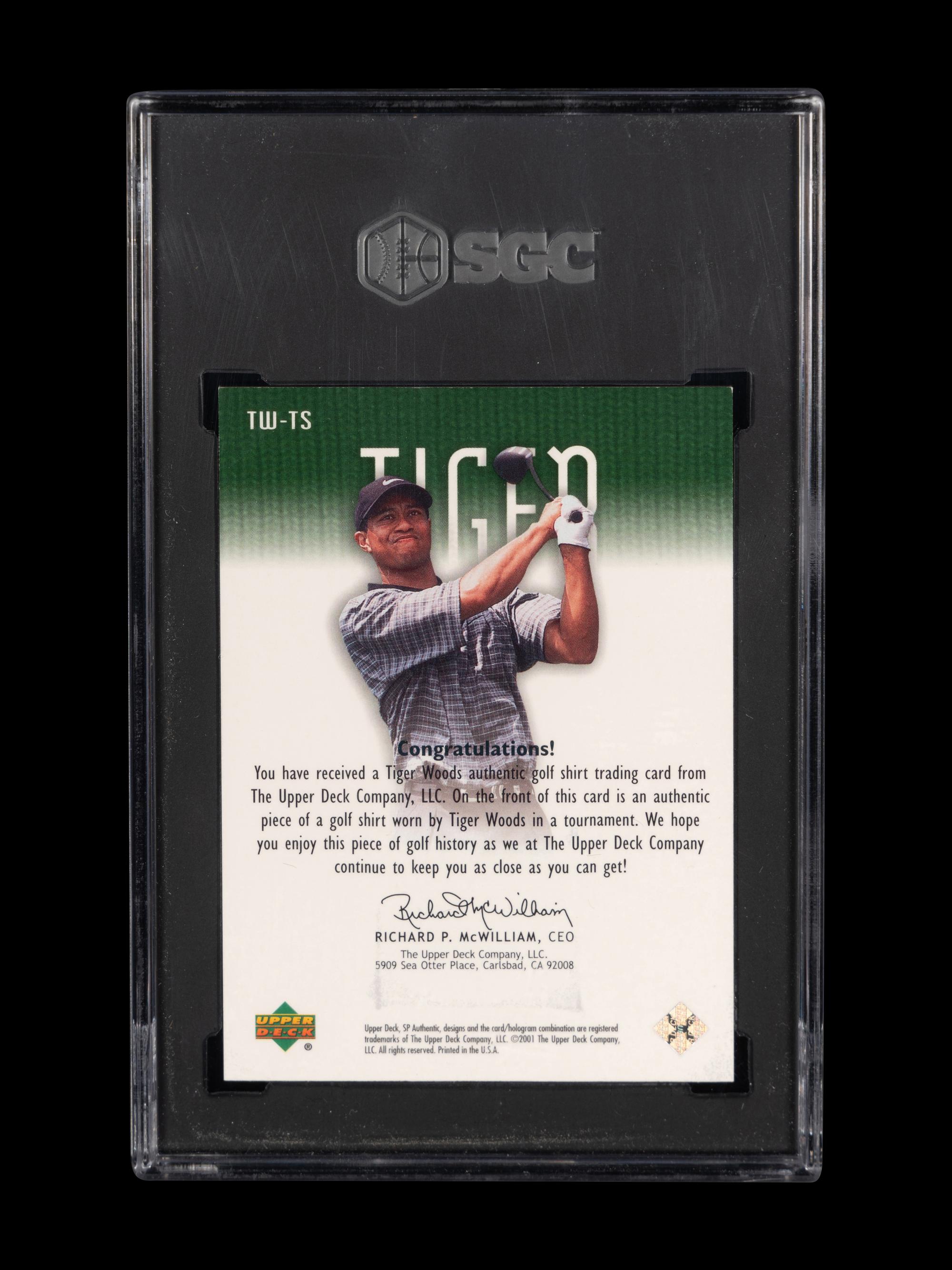 A 2001 Upper Deck SP Authentic Tiger Woods Tour Swatch TW-TS Green 402/500 Rookie Golf Card (SGC 8.5 NM-MT+)