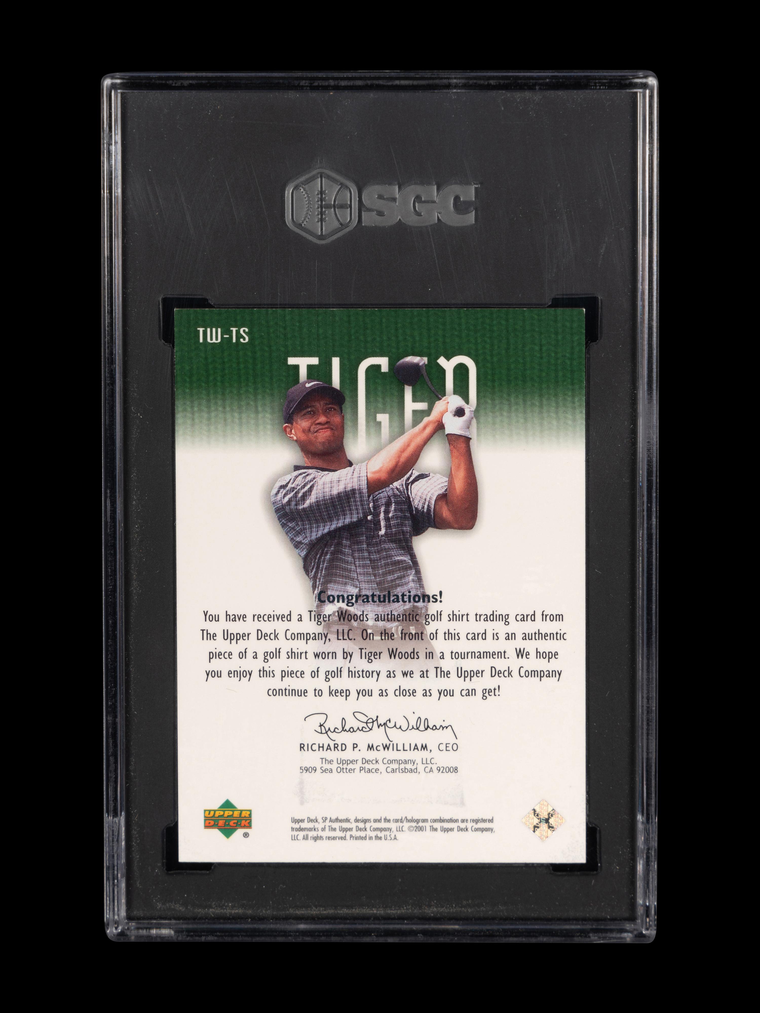 A 2001 Upper Deck SP Authentic Tiger Woods Tour Swatch TW-TS Green 402/500 Rookie Golf Card (SGC 8.5 NM-MT+)