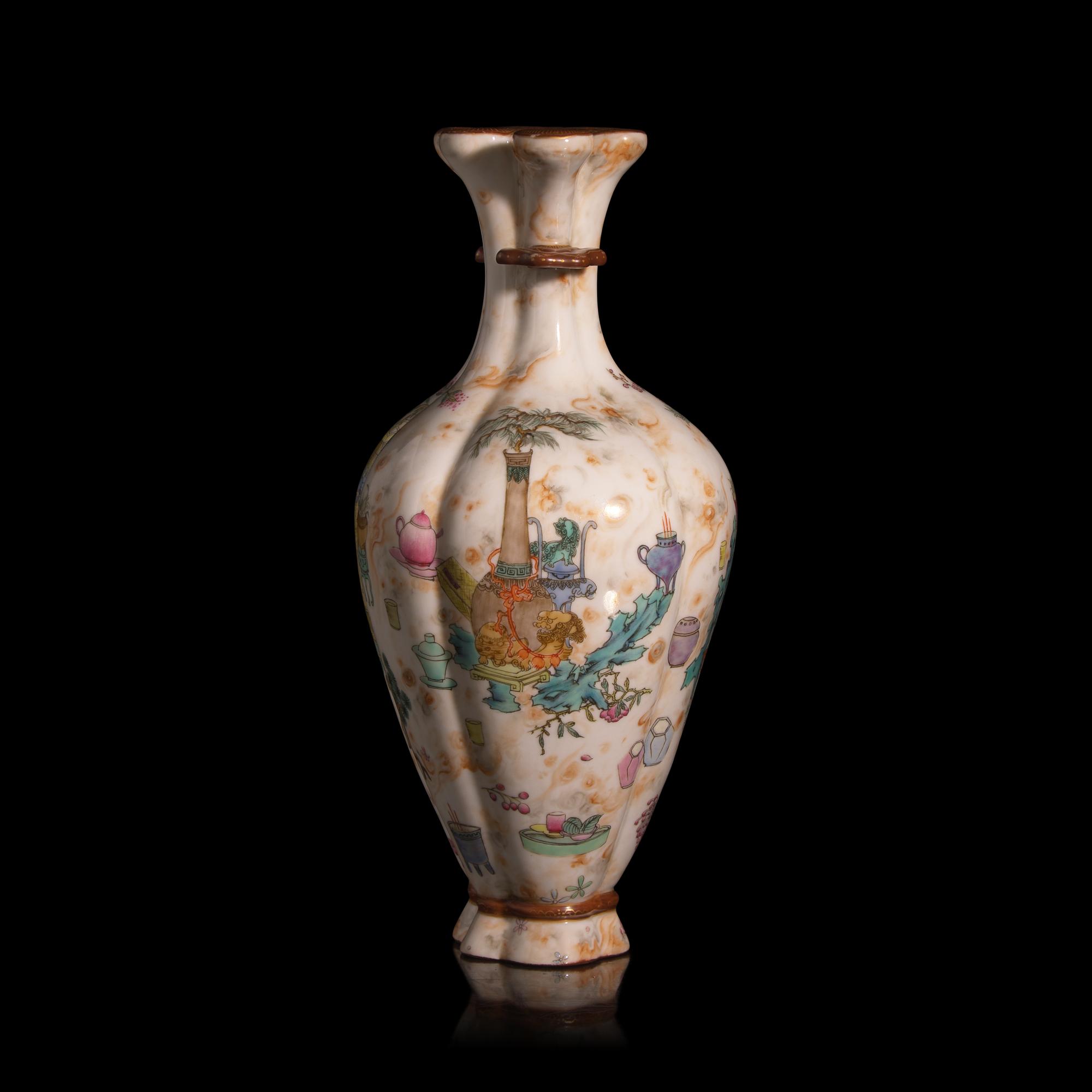 An Unusual Chinese Famille Rose Decorated Vase with "Endless Knot" Lip — 粉彩仿石釉博古圖盤腸口包袱瓶