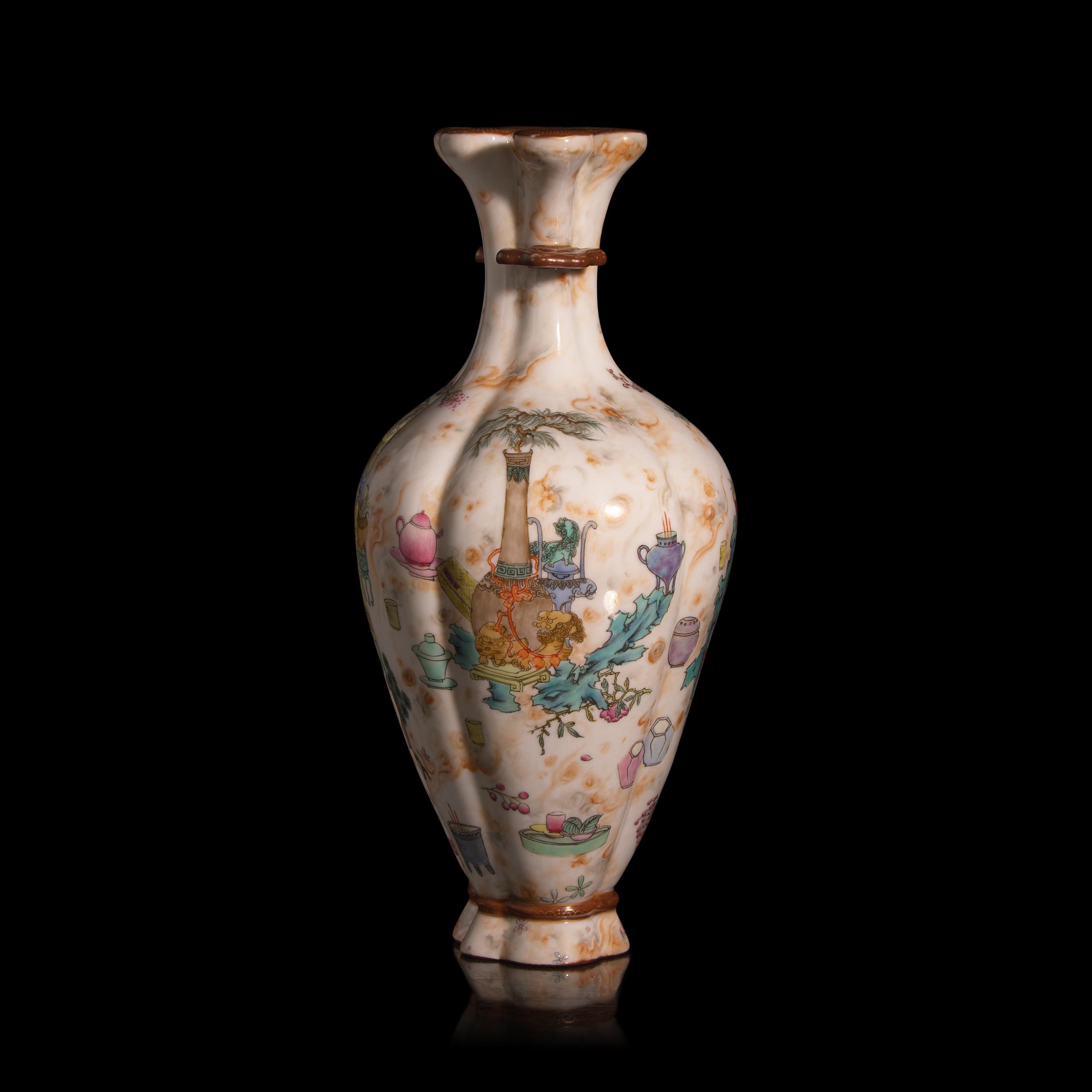 An Unusual Chinese Famille Rose Decorated Vase with "Endless Knot" Lip — 粉彩仿石釉博古圖盤腸口包袱瓶