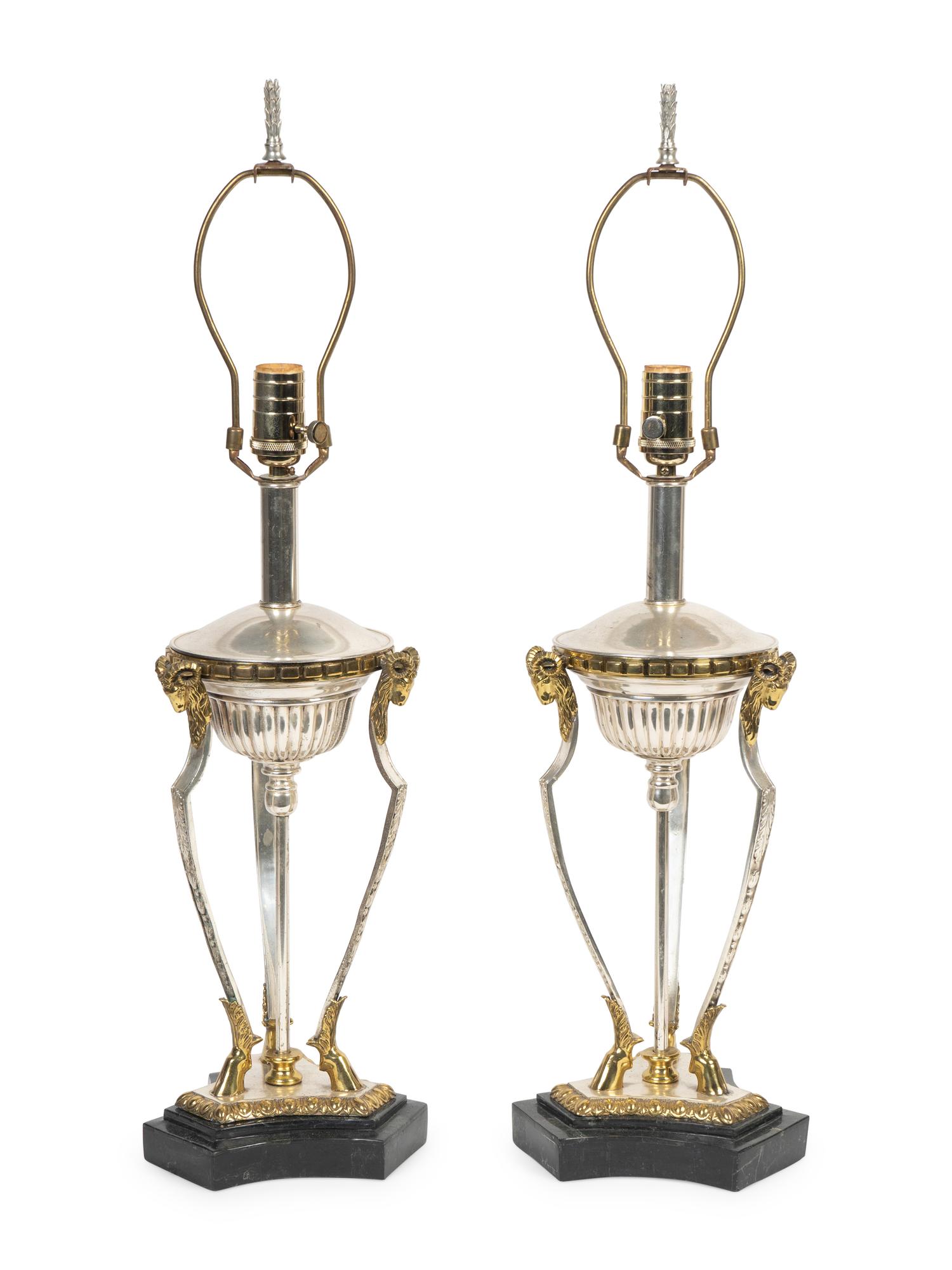 A Pair of Neoclassical Style Silvered and Gilt Metal Lamps — FIRST HALF 20TH CENTURY