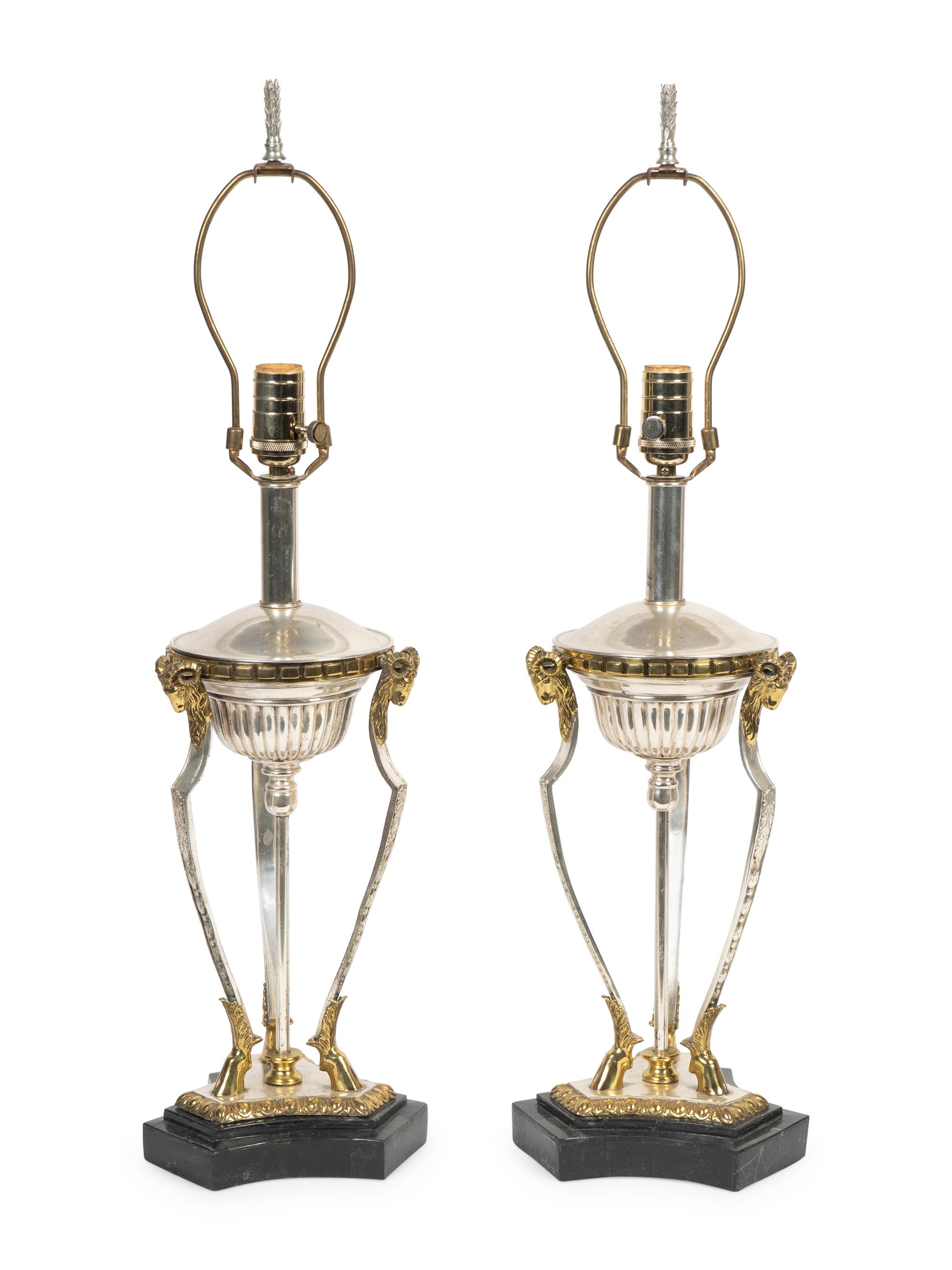 A Pair of Neoclassical Style Silvered and Gilt Metal Lamps — FIRST HALF 20TH CENTURY