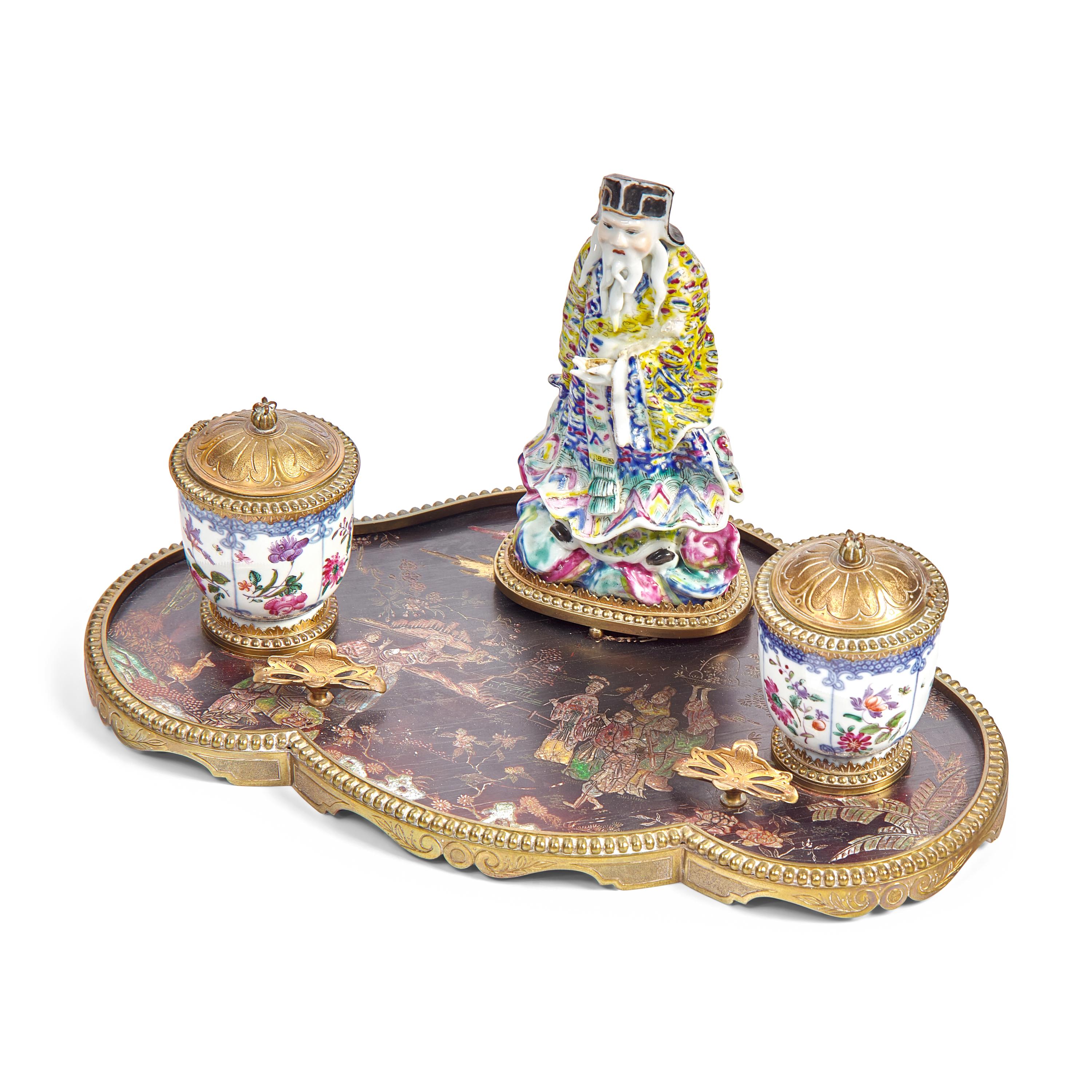 A Chinese Export Gilt Metal, Parcel Gilt Porcelain and Lacquer Inkstand