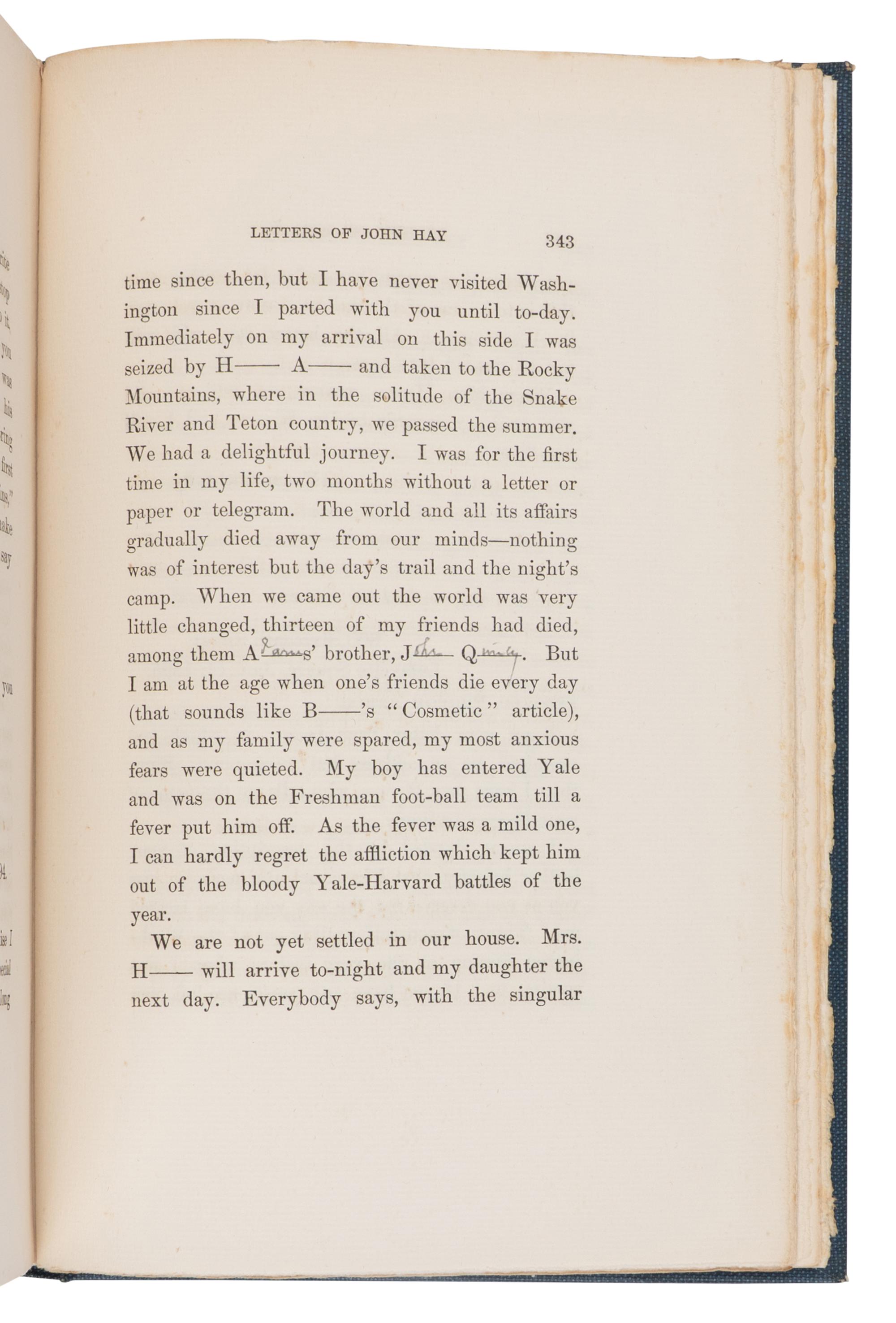 [LINCOLN, Robert Todd (1843-1926), his copy]. -- HAY, John (1838-1905). Letters of John Hay and Extracts from Diary . Washington, D.C.: Clara S. Hay, 1908.