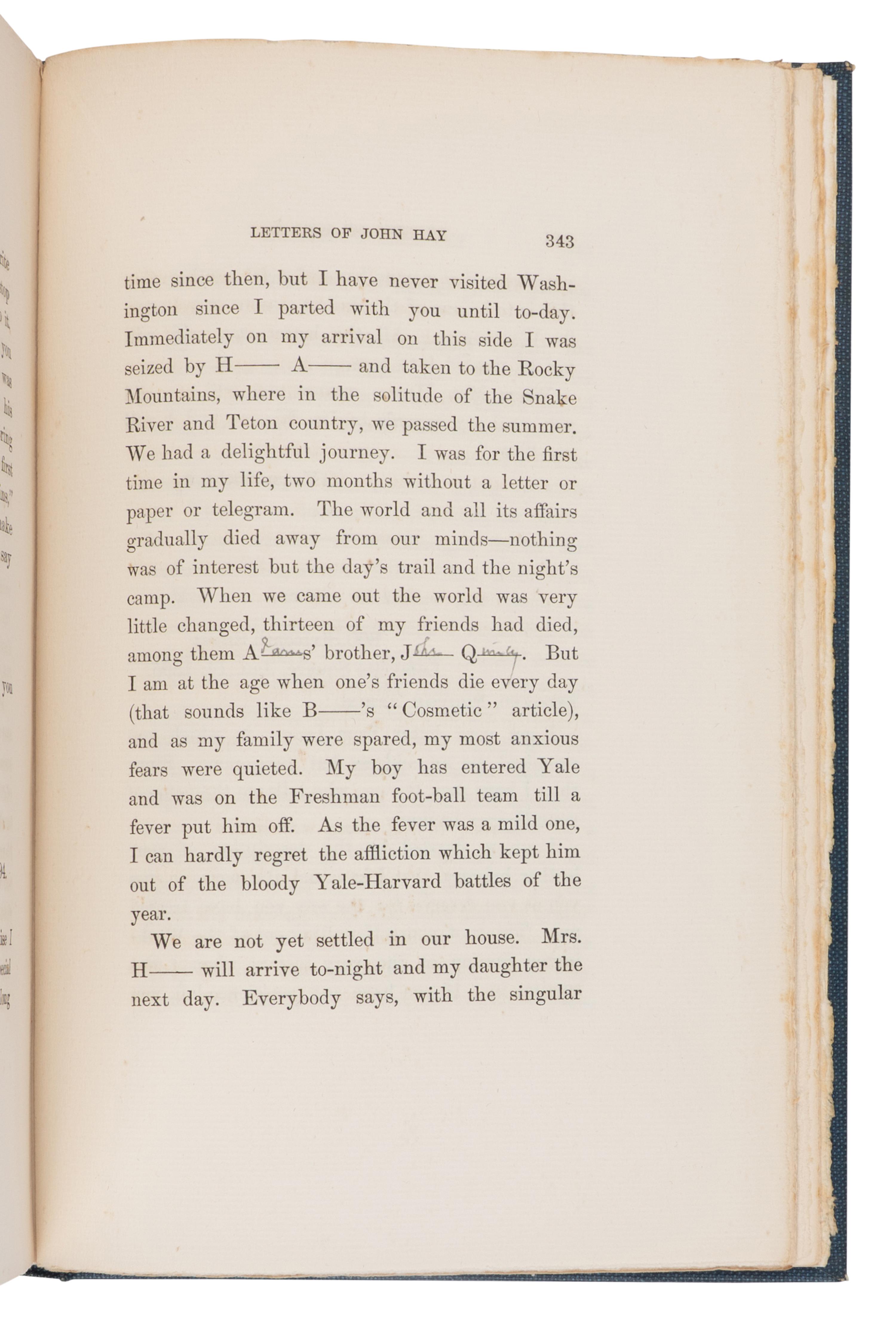 [LINCOLN, Robert Todd (1843-1926), his copy]. -- HAY, John (1838-1905). Letters of John Hay and Extracts from Diary . Washington, D.C.: Clara S. Hay, 1908.