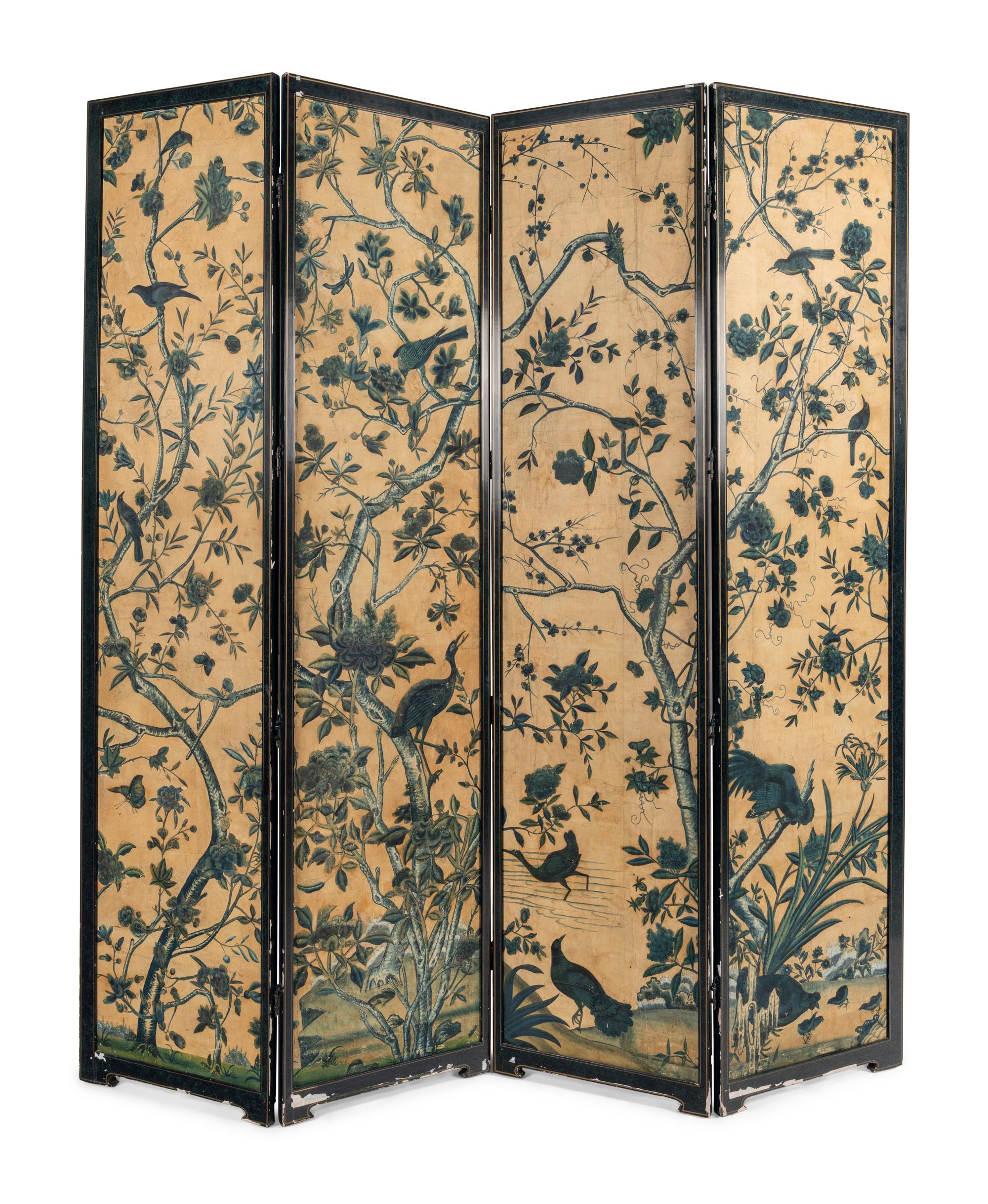 A Chinese Export Blue and White Wallpaper Four-Panel Screen