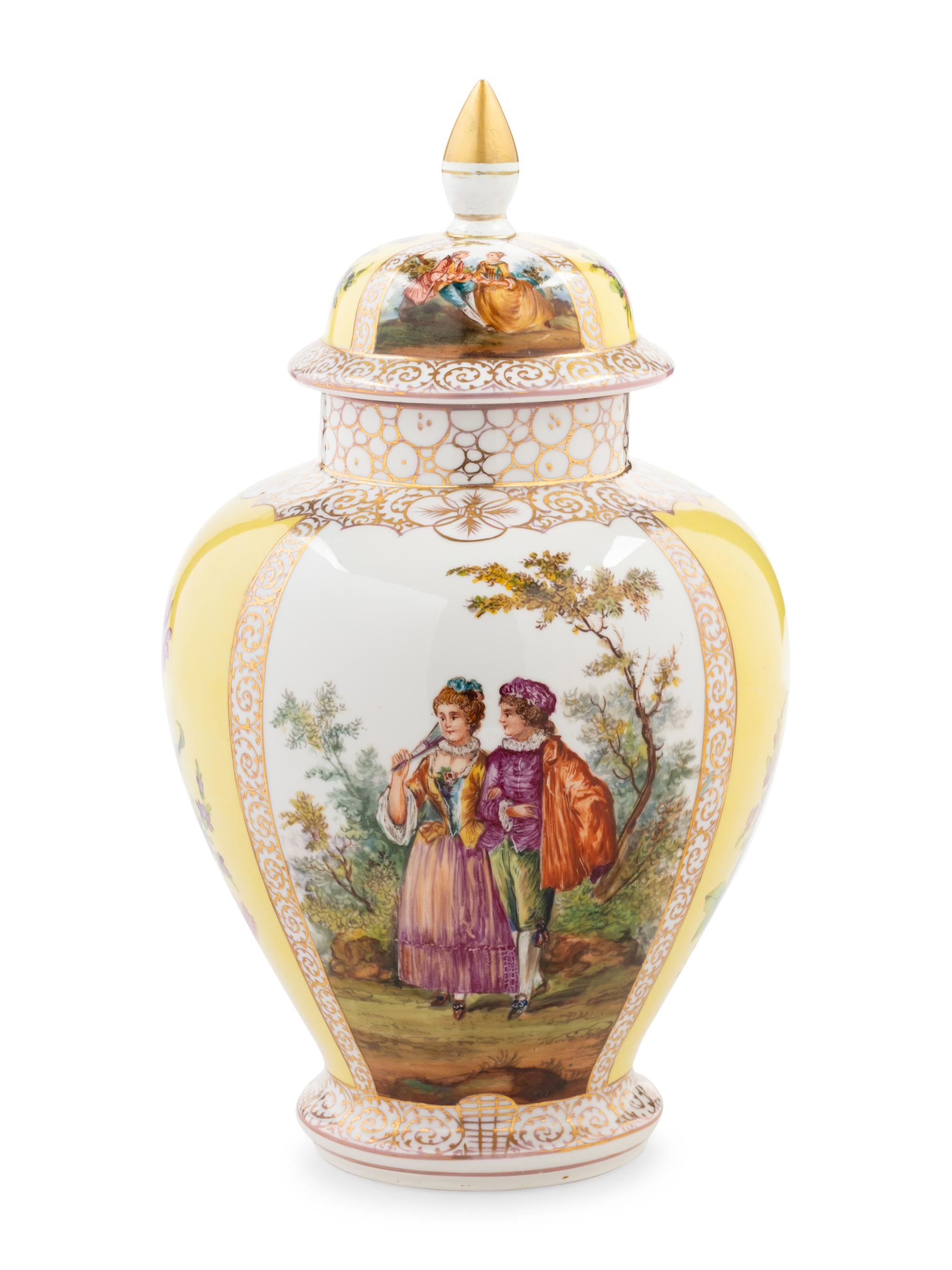 A Dresden Porcelain Covered Urn