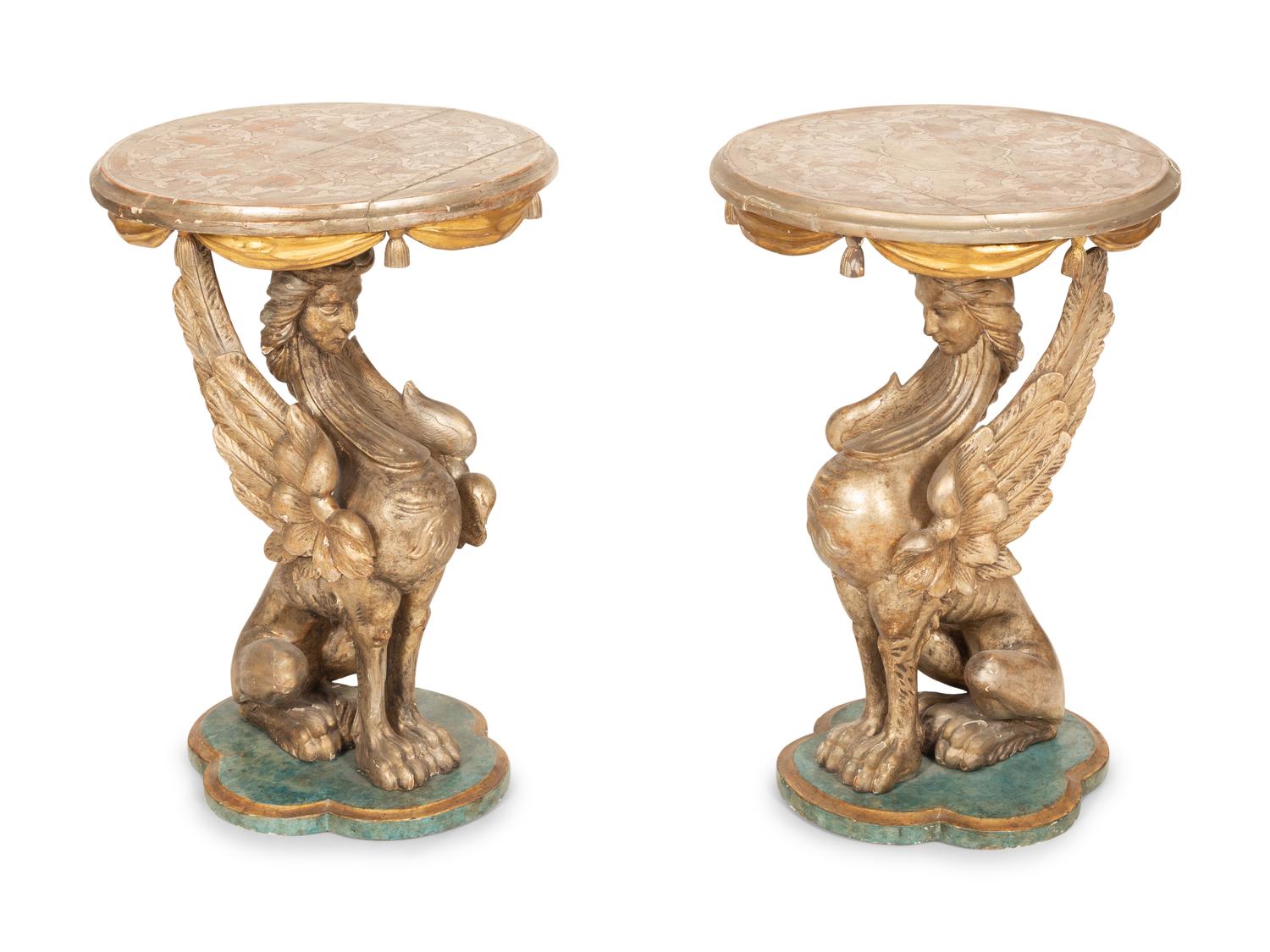 A Pair of Italian Painted and Parcel Gilt Figural Side Tables