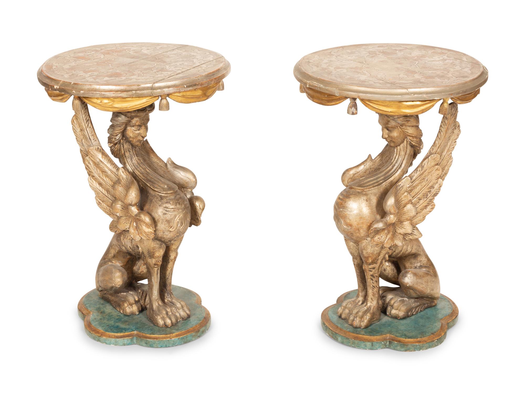 A Pair of Italian Painted and Parcel Gilt Figural Side Tables