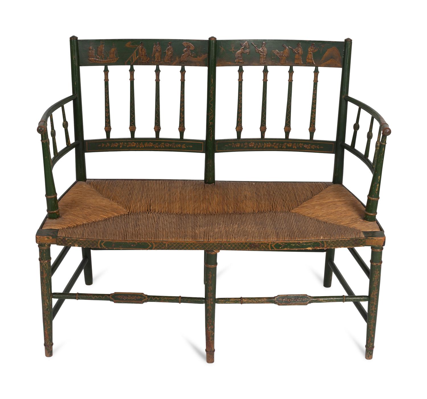 A Regency Style Painted Two-Chair Back Bench with Rush Seat — 19TH/20TH CENTURY