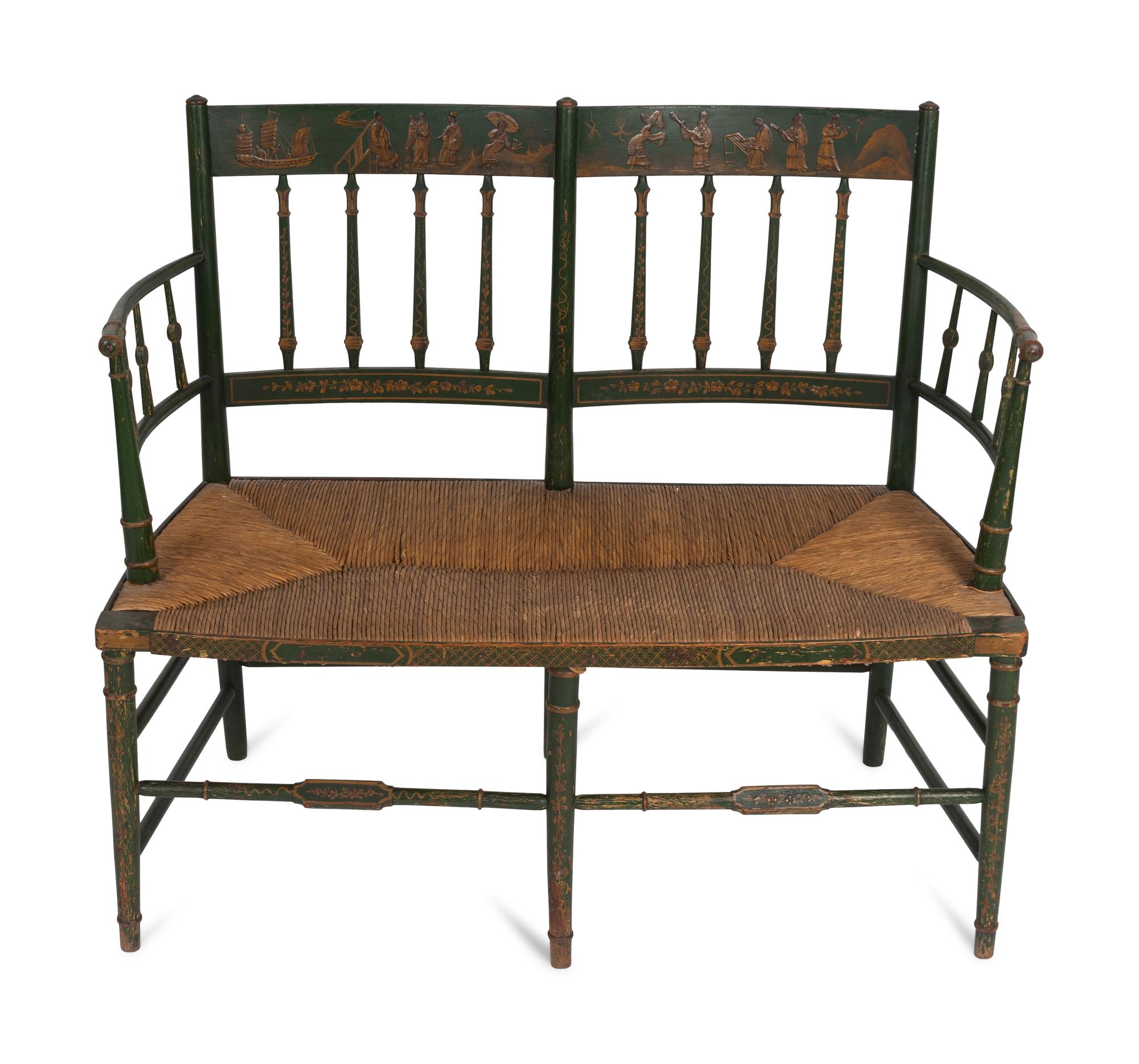 A Regency Style Painted Two-Chair Back Bench with Rush Seat — 19TH/20TH CENTURY