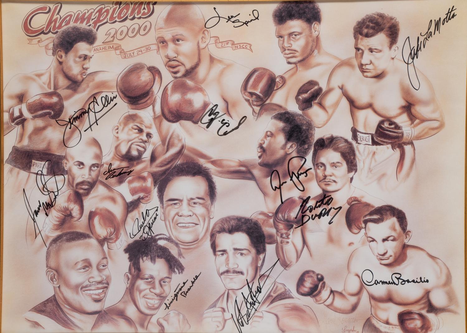 A Boxing Champions Signed Autograph Print Including Roberto Duran, Jake LaMotta and Diego "Chico" Corrales,
